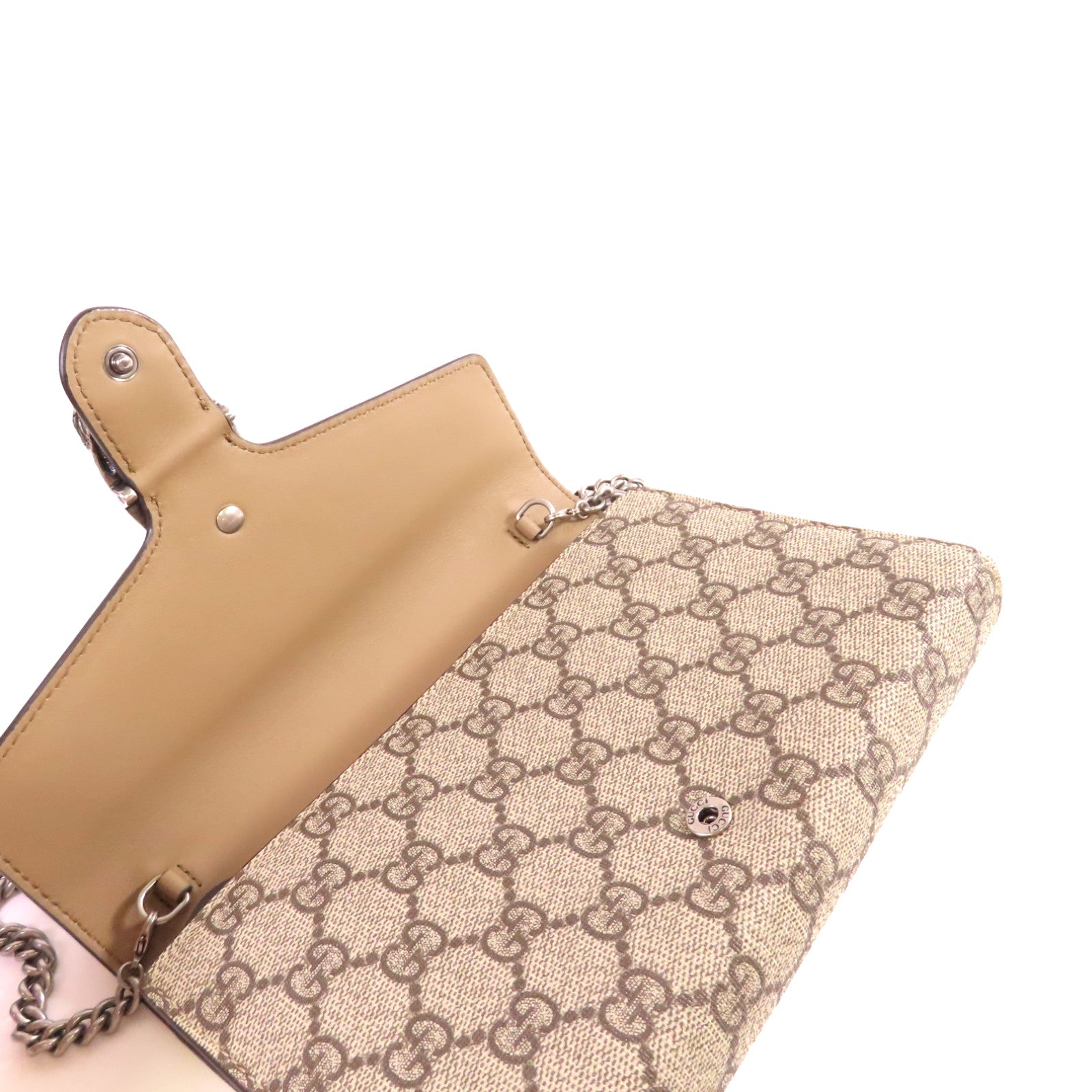 GUCCI 【激減優惠】塗層帆布Dionysus GG Supreme Shoulder Bag銀扣鏈帶肩背袋米色/烏木色