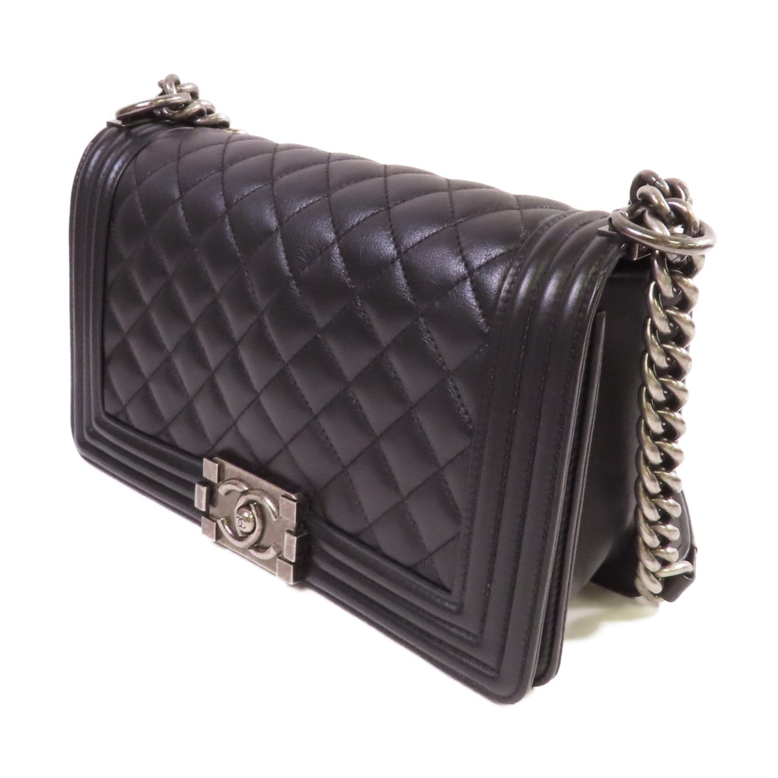 CHANEL 菱格羊皮皮革Boy Chanel 25 Chain Shoulder Bag銀扣鏈帶肩背袋黑色