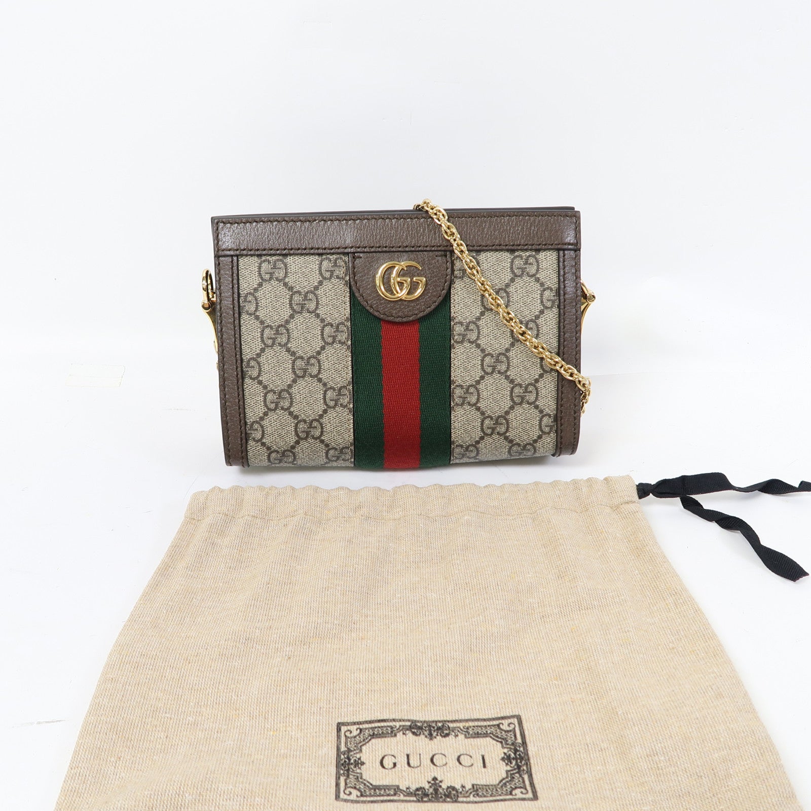 GUCCI 【激減優惠】塗層帆布Ophidia GG金扣鏈帶肩背袋啡色