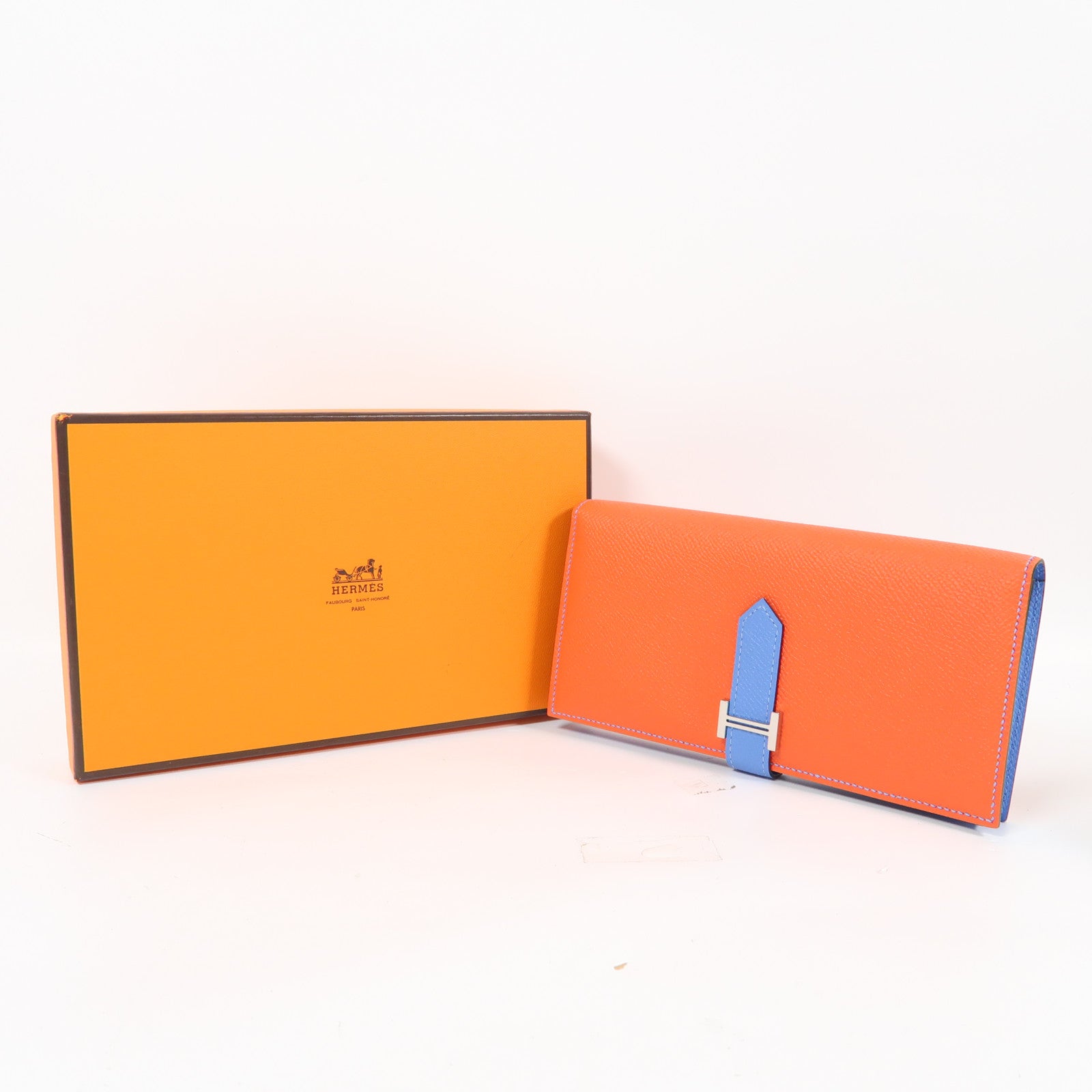 HERMES 【激減優惠】Epsom皮革Bearn Wallet銀扣長錢包深橙色/天堂藍色