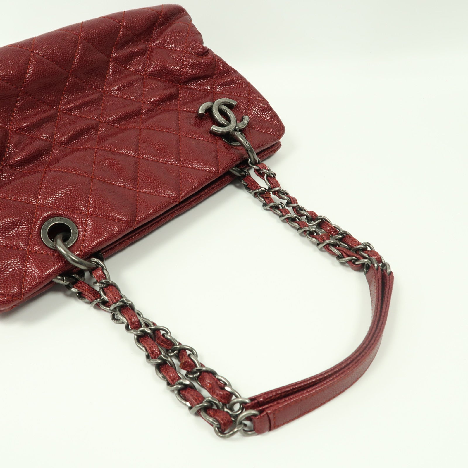 CHANEL 【激減優惠】菱格牛皮皮革Chain Shoulder銀扣鏈帶肩背袋紅色