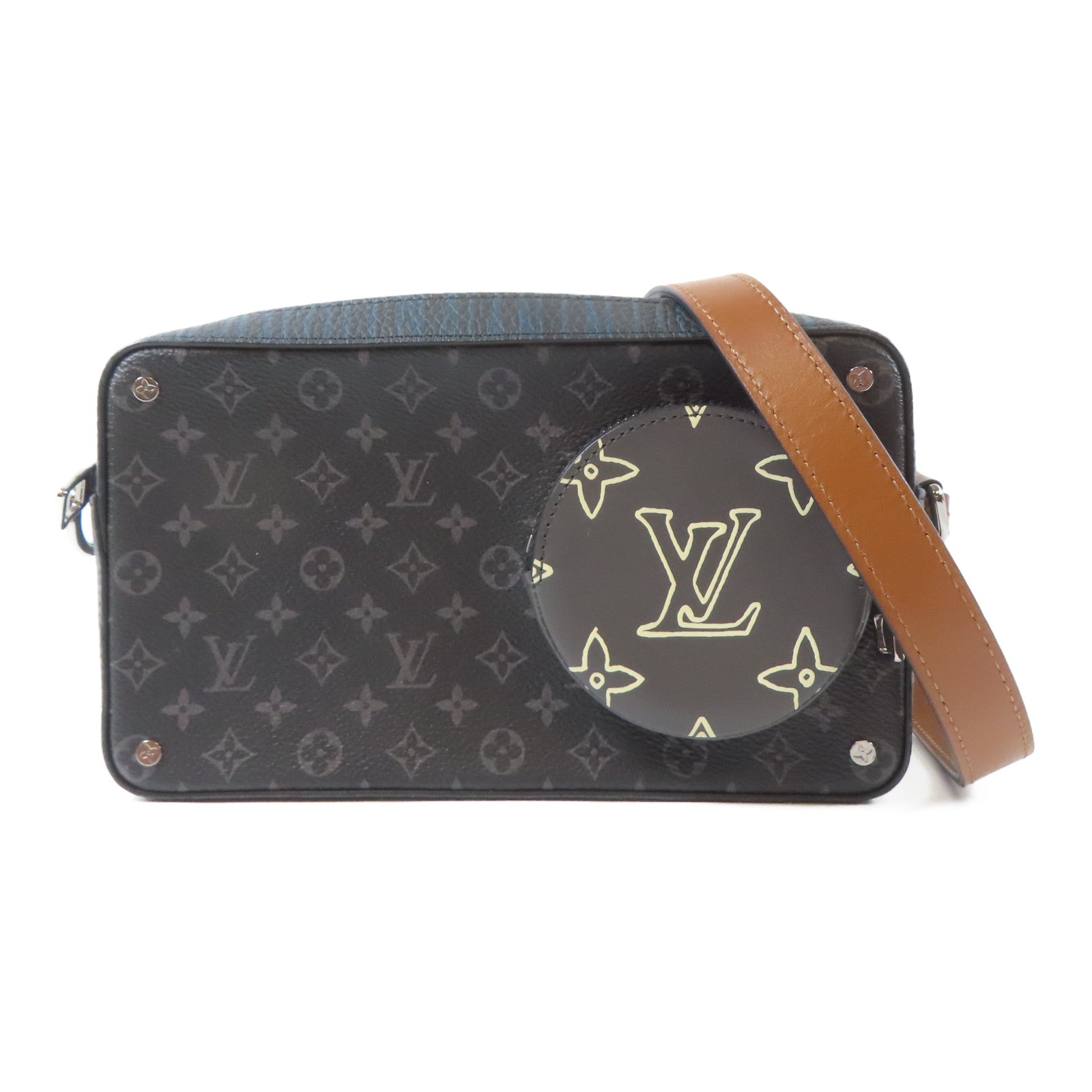 LOUIS VUITTON Monogram Eclipse Volga On Strap銀扣肩背袋黑色/藍色