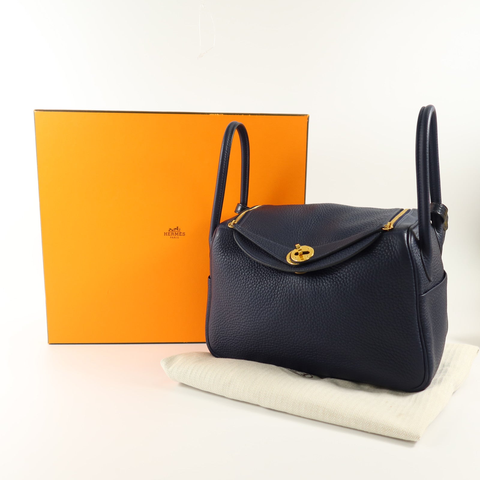 HERMES Clemence皮革/Crocodile皮革Lindy 26 Touch金扣手挽肩背兩用袋Bleu Nuit