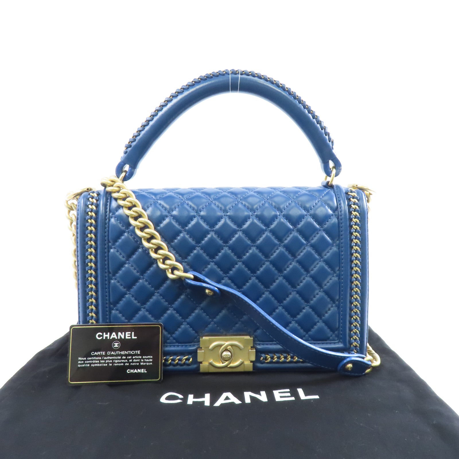 CHANEL 【激減優惠】菱格羊皮皮革Boy 28金扣手挽肩背兩用袋藍色