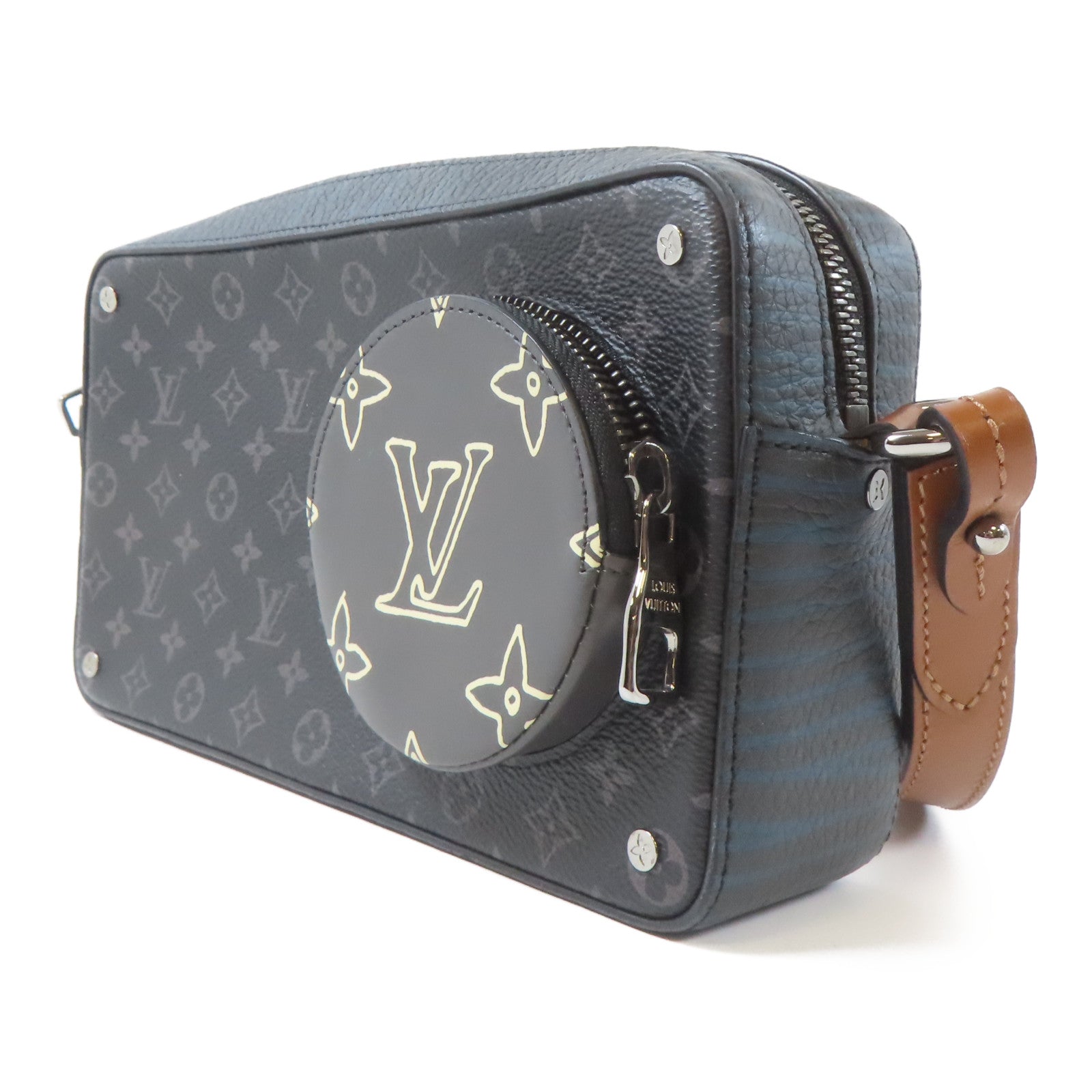 LOUIS VUITTON Monogram Eclipse Volga On Strap銀扣肩背袋黑色/藍色