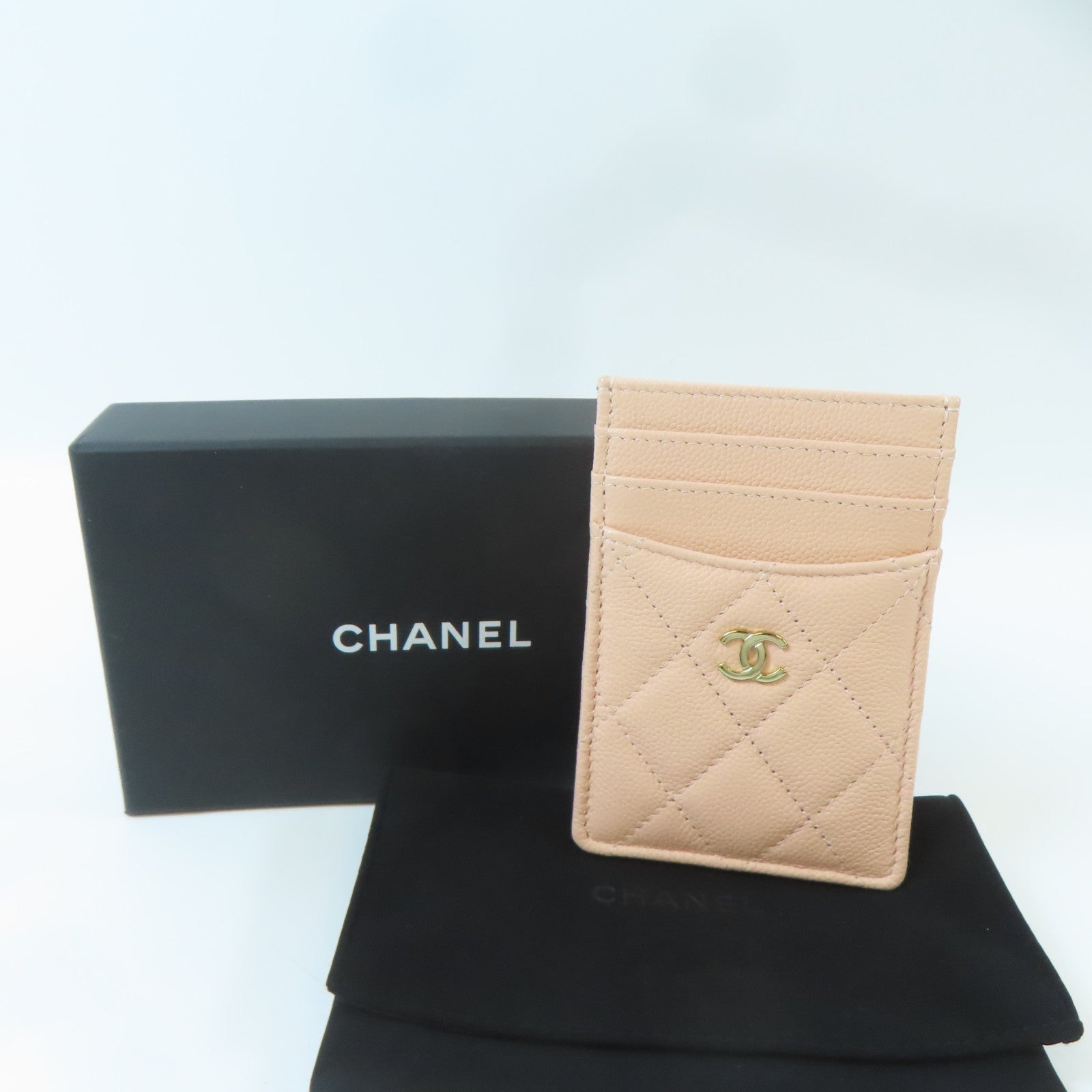 CHANEL Caviar皮革金扣卡片套粉紅色