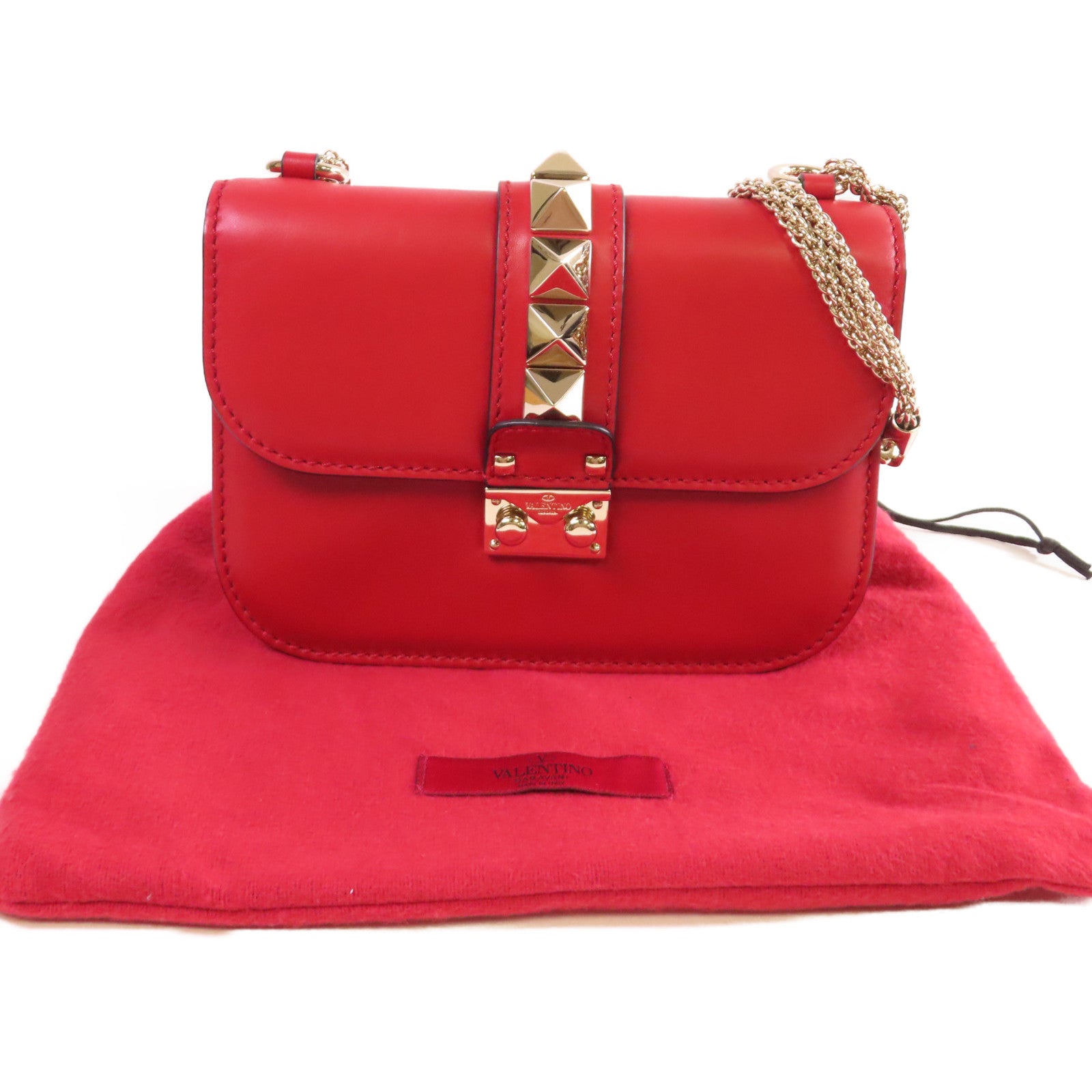 Valentino 【激減優惠】牛皮皮革Rockstud Chain Shoulder Bag金扣鏈帶肩背袋紅色