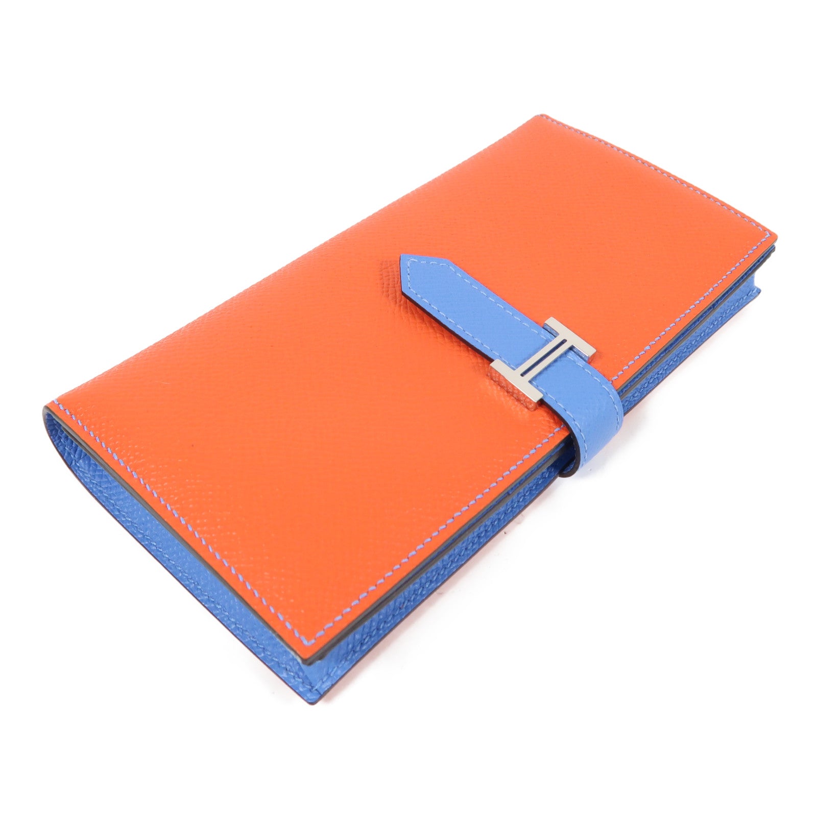 HERMES 【激減優惠】Epsom皮革Bearn Wallet銀扣長錢包深橙色/天堂藍色