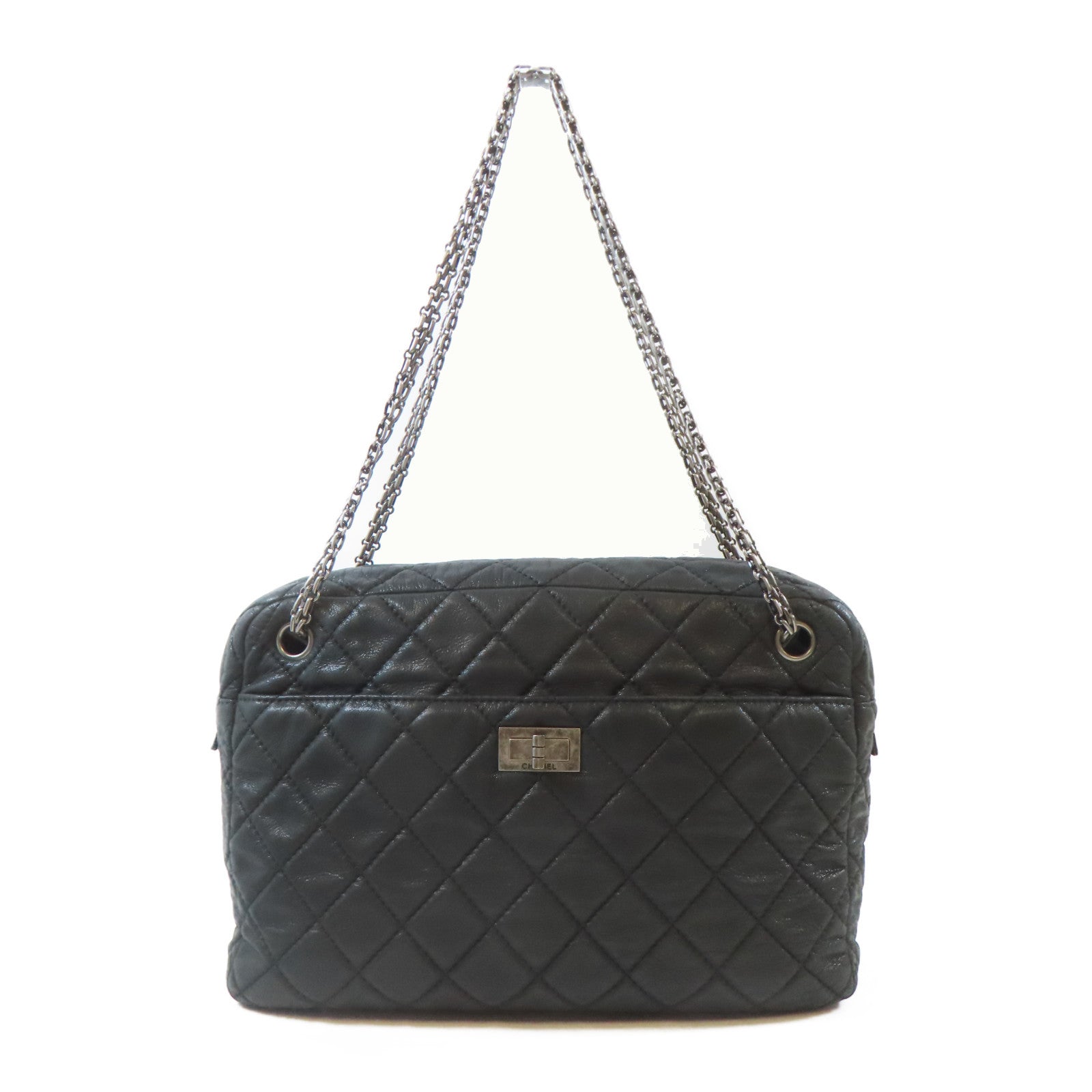 CHANEL 菱格牛皮皮革2.55 Chain Shoulder Bag黑扣鏈帶肩背袋黑色