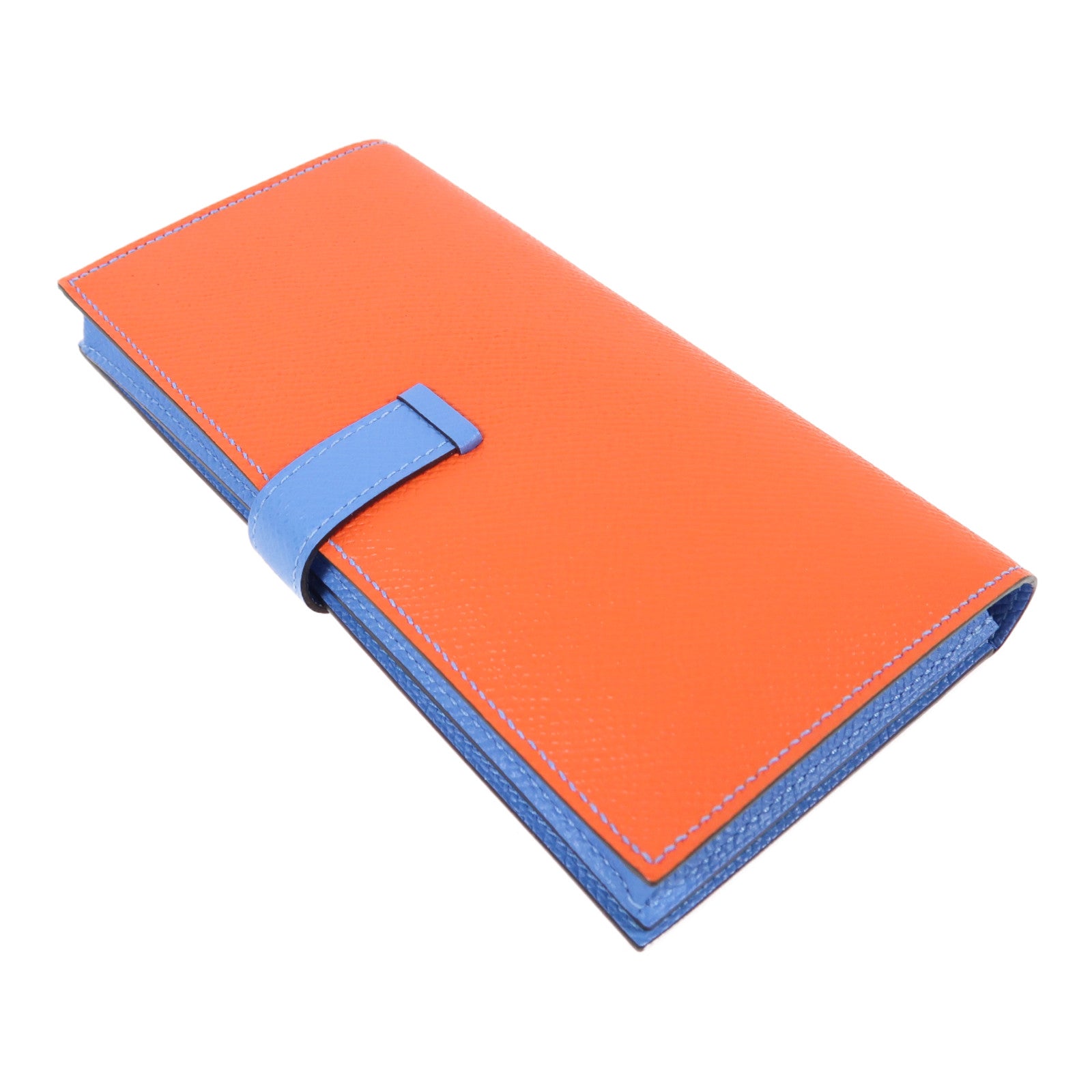 HERMES 【激減優惠】Epsom皮革Bearn Wallet銀扣長錢包深橙色/天堂藍色