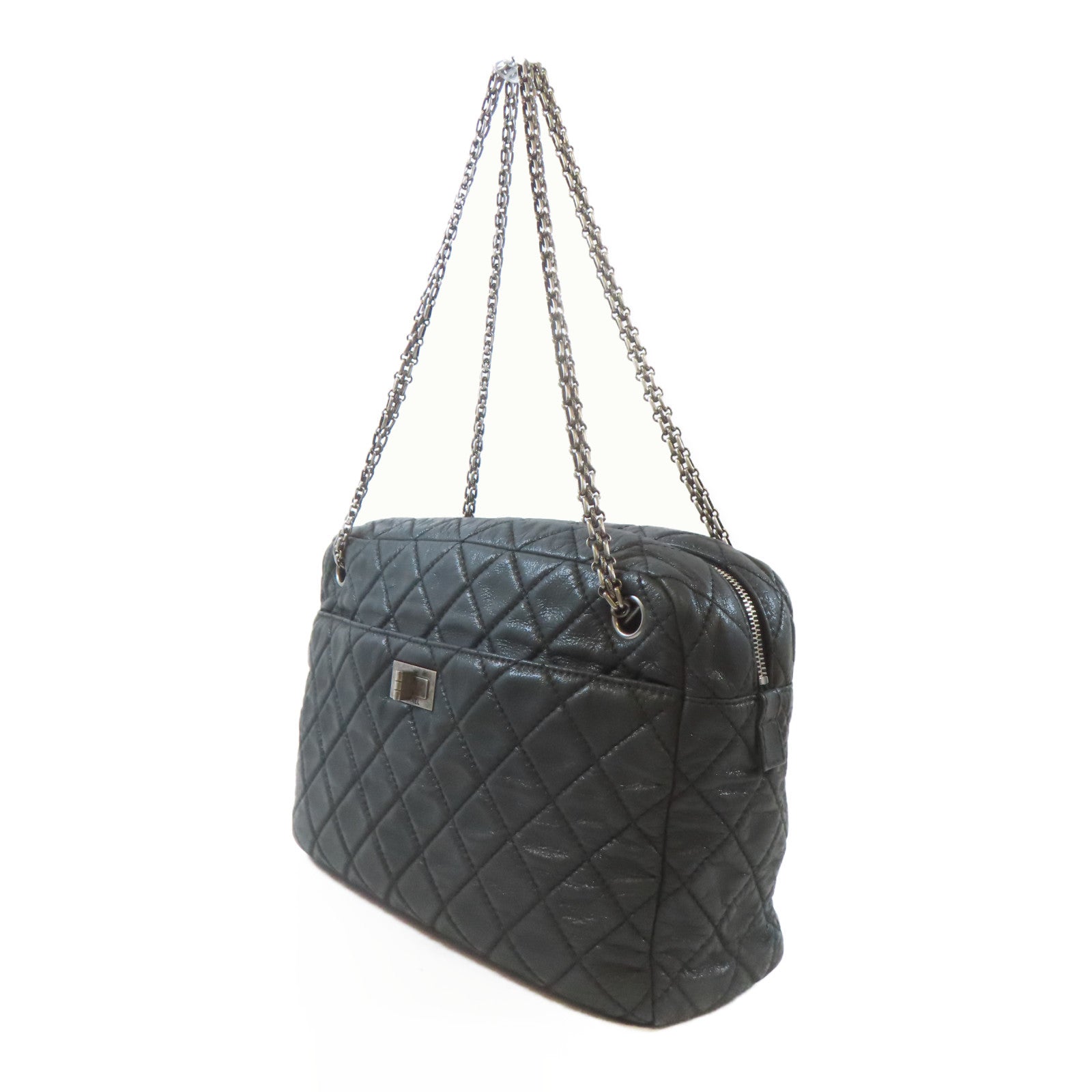 CHANEL 菱格牛皮皮革2.55 Chain Shoulder Bag黑扣鏈帶肩背袋黑色