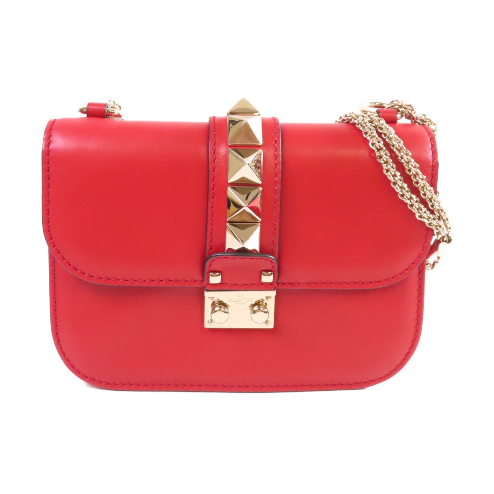 Valentino 【激減優惠】牛皮皮革Rockstud Chain Shoulder Bag金扣鏈帶肩背袋紅色