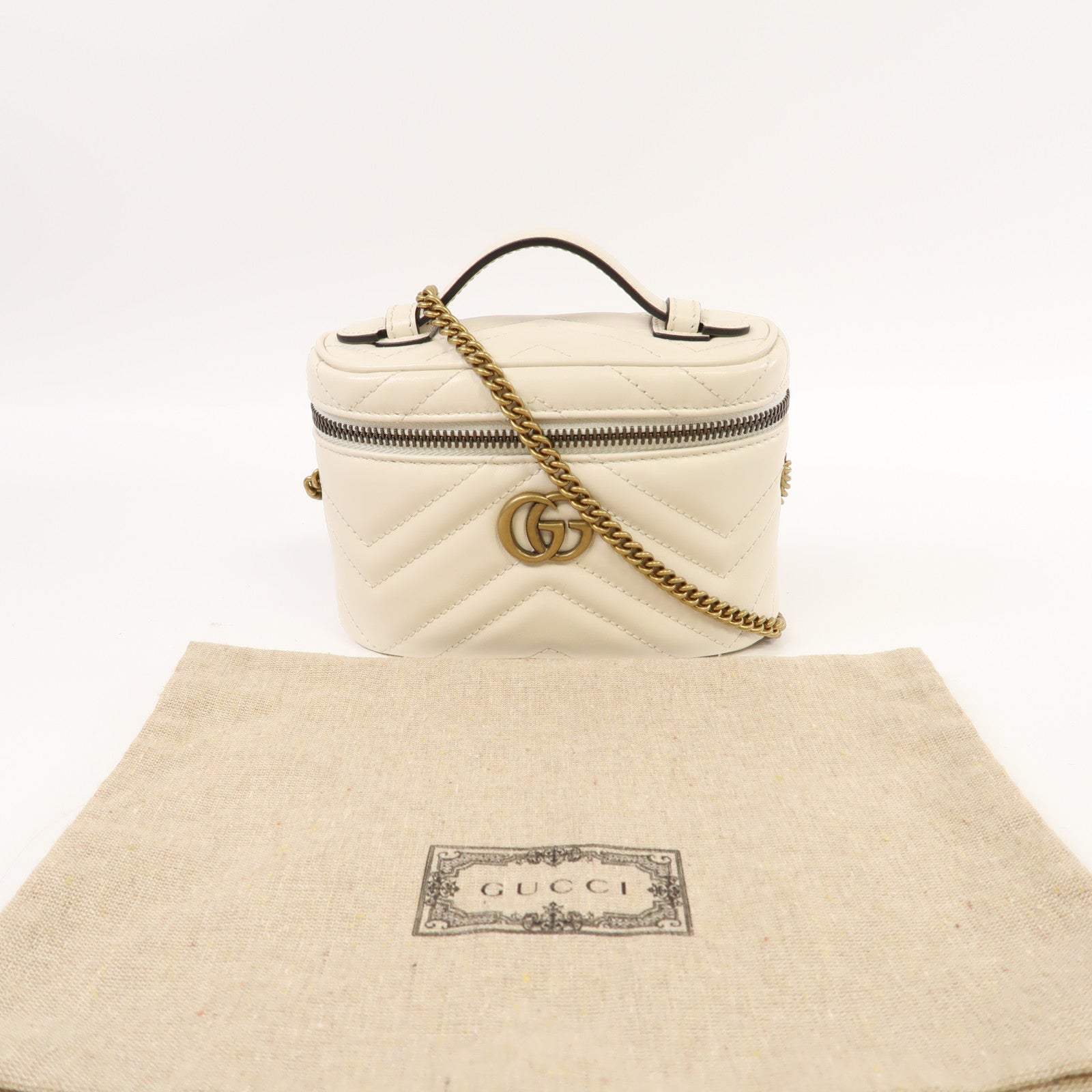 GUCCI 牛皮皮革GG Marmont Mini Top Handle Bag金扣手挽肩背兩用袋白色