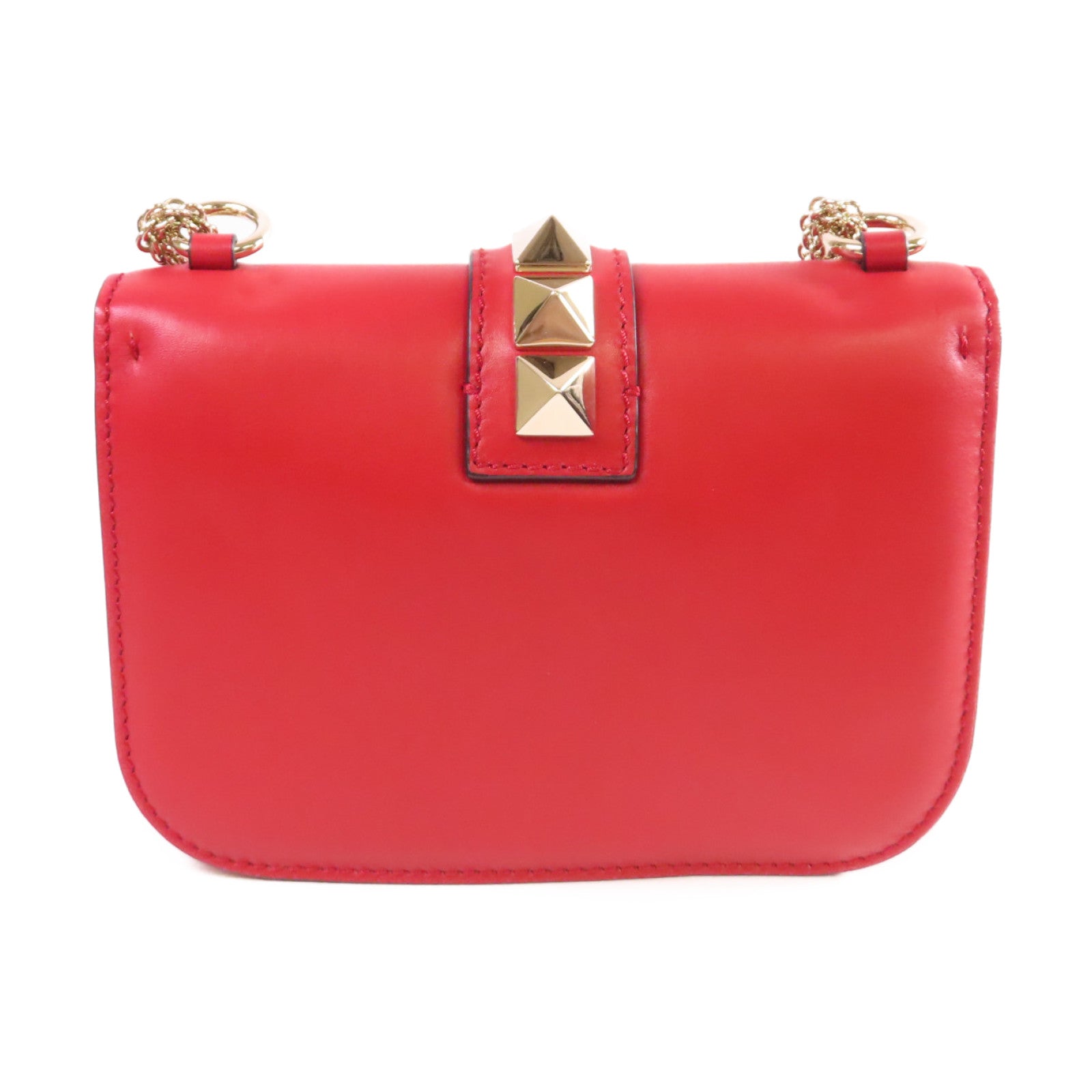 Valentino 【激減優惠】牛皮皮革Rockstud Chain Shoulder Bag金扣鏈帶肩背袋紅色