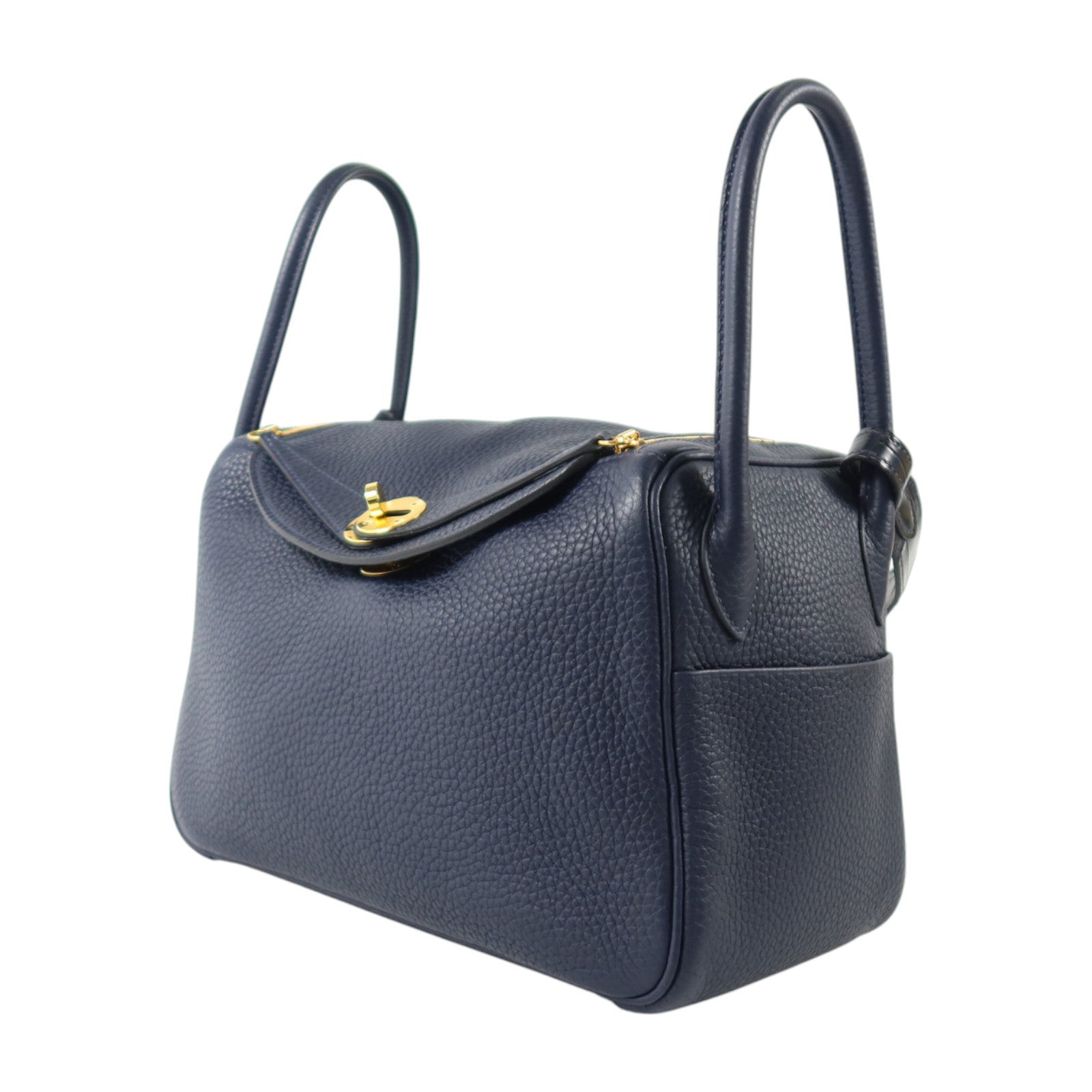 HERMES Clemence皮革/Crocodile皮革Lindy 26 Touch金扣手挽肩背兩用袋Bleu Nuit