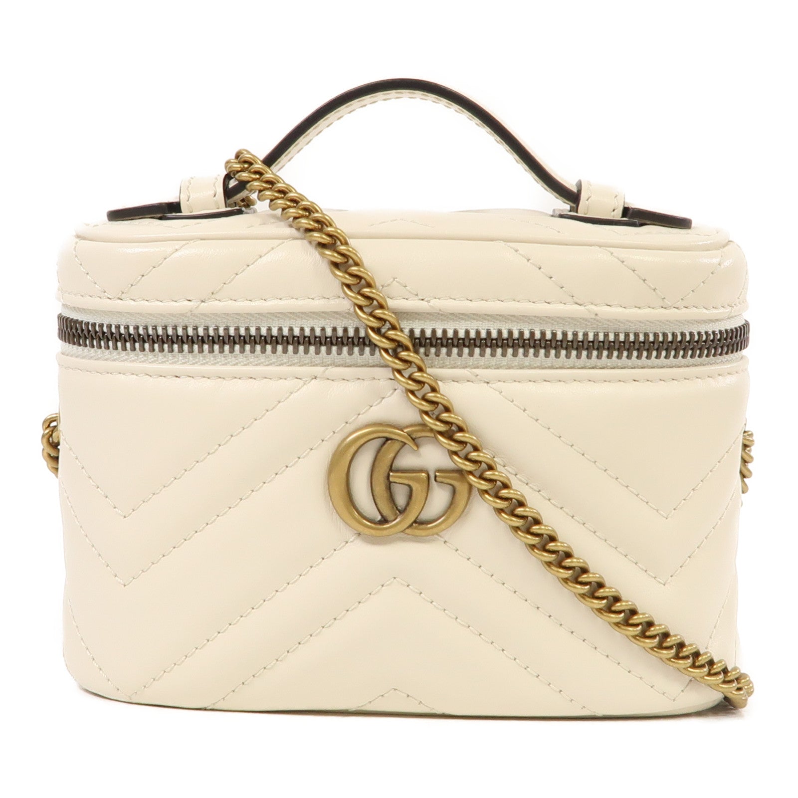 GUCCI 牛皮皮革GG Marmont Mini Top Handle Bag金扣手挽肩背兩用袋白色