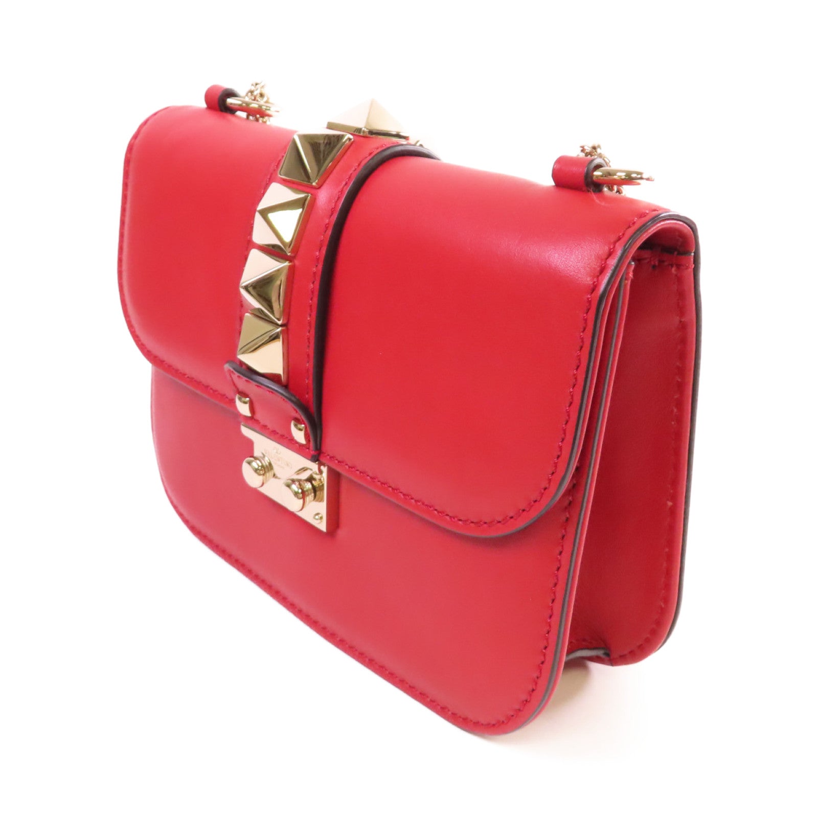 Valentino 【激減優惠】牛皮皮革Rockstud Chain Shoulder Bag金扣鏈帶肩背袋紅色