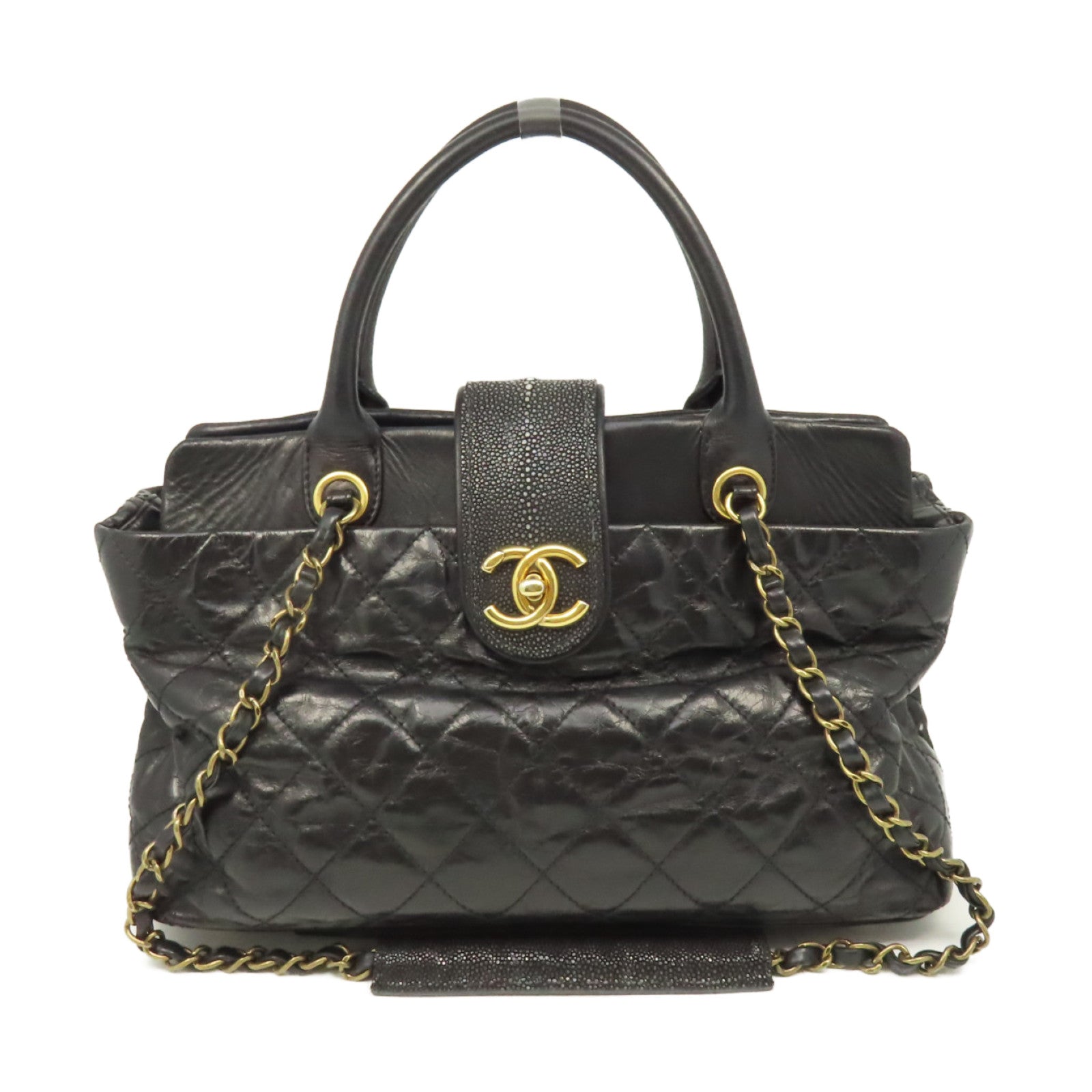 CHANEL 【激減優惠】菱格牛皮皮革/魔鬼魚皮革Chain 2Way Shoulder Bag金扣鏈帶手挽肩背兩用袋黑色