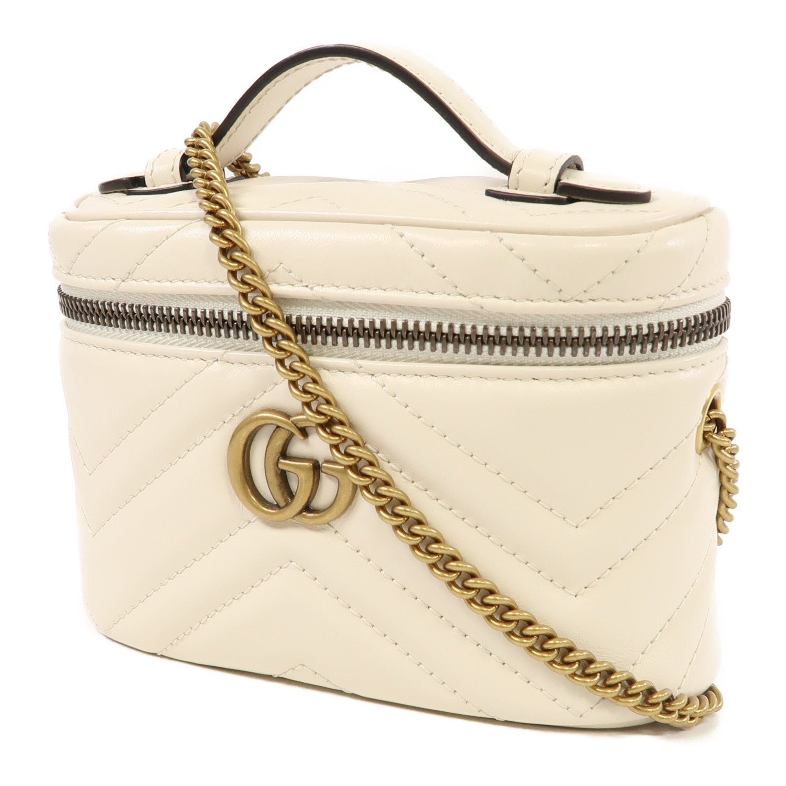 GUCCI 牛皮皮革GG Marmont Mini Top Handle Bag金扣手挽肩背兩用袋白色