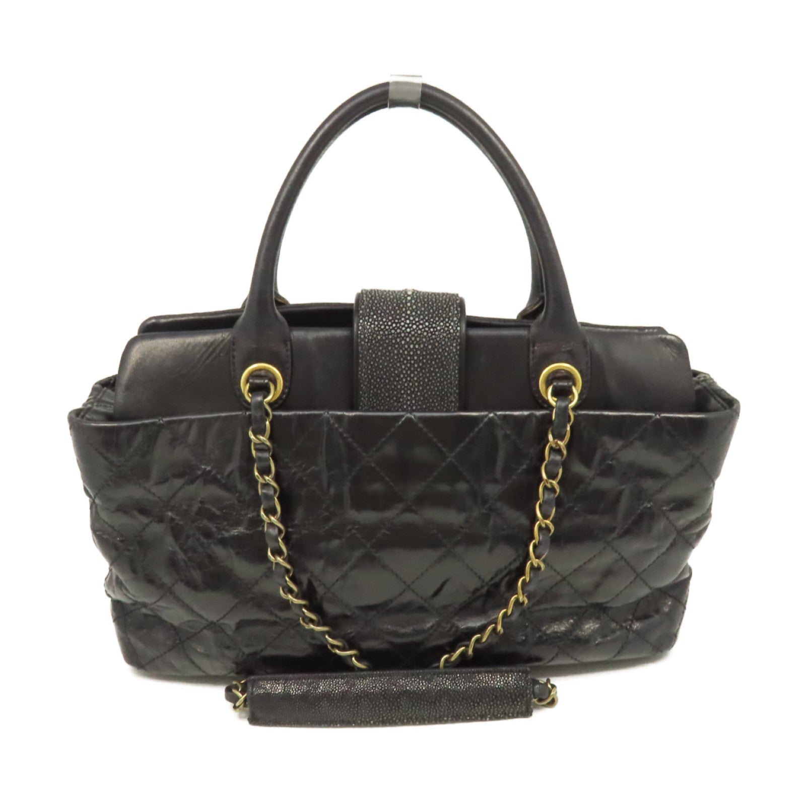 CHANEL 【激減優惠】菱格牛皮皮革/魔鬼魚皮革Chain 2Way Shoulder Bag金扣鏈帶手挽肩背兩用袋黑色