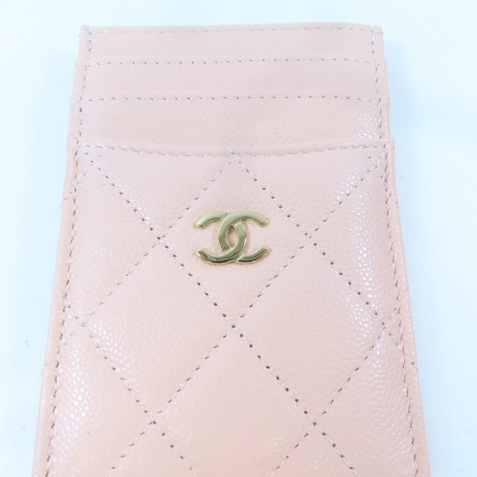 CHANEL Caviar皮革金扣卡片套粉紅色