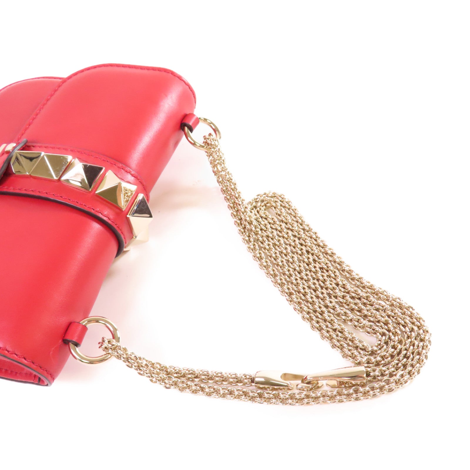 Valentino 【激減優惠】牛皮皮革Rockstud Chain Shoulder Bag金扣鏈帶肩背袋紅色