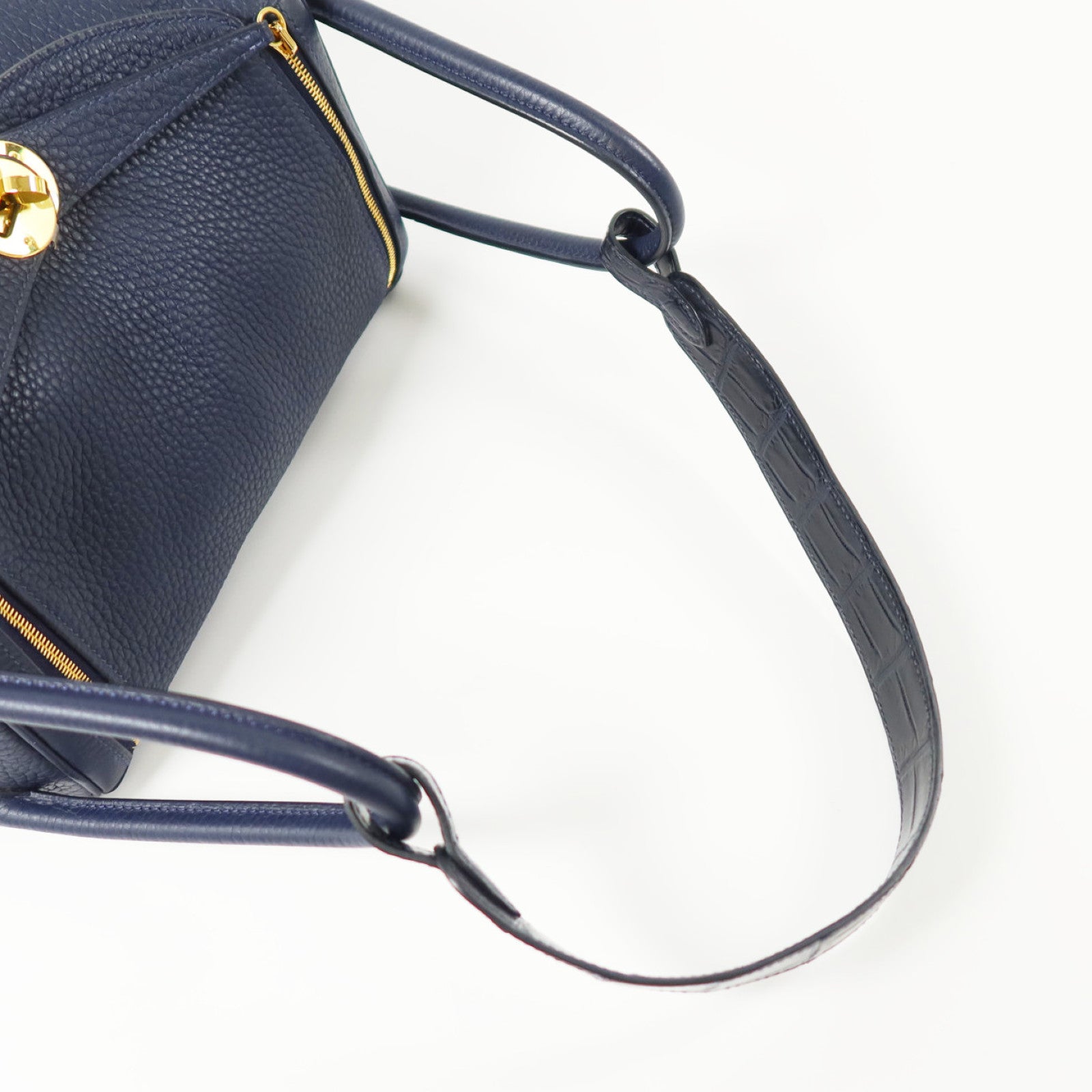 HERMES Clemence皮革/Crocodile皮革Lindy 26 Touch金扣手挽肩背兩用袋Bleu Nuit
