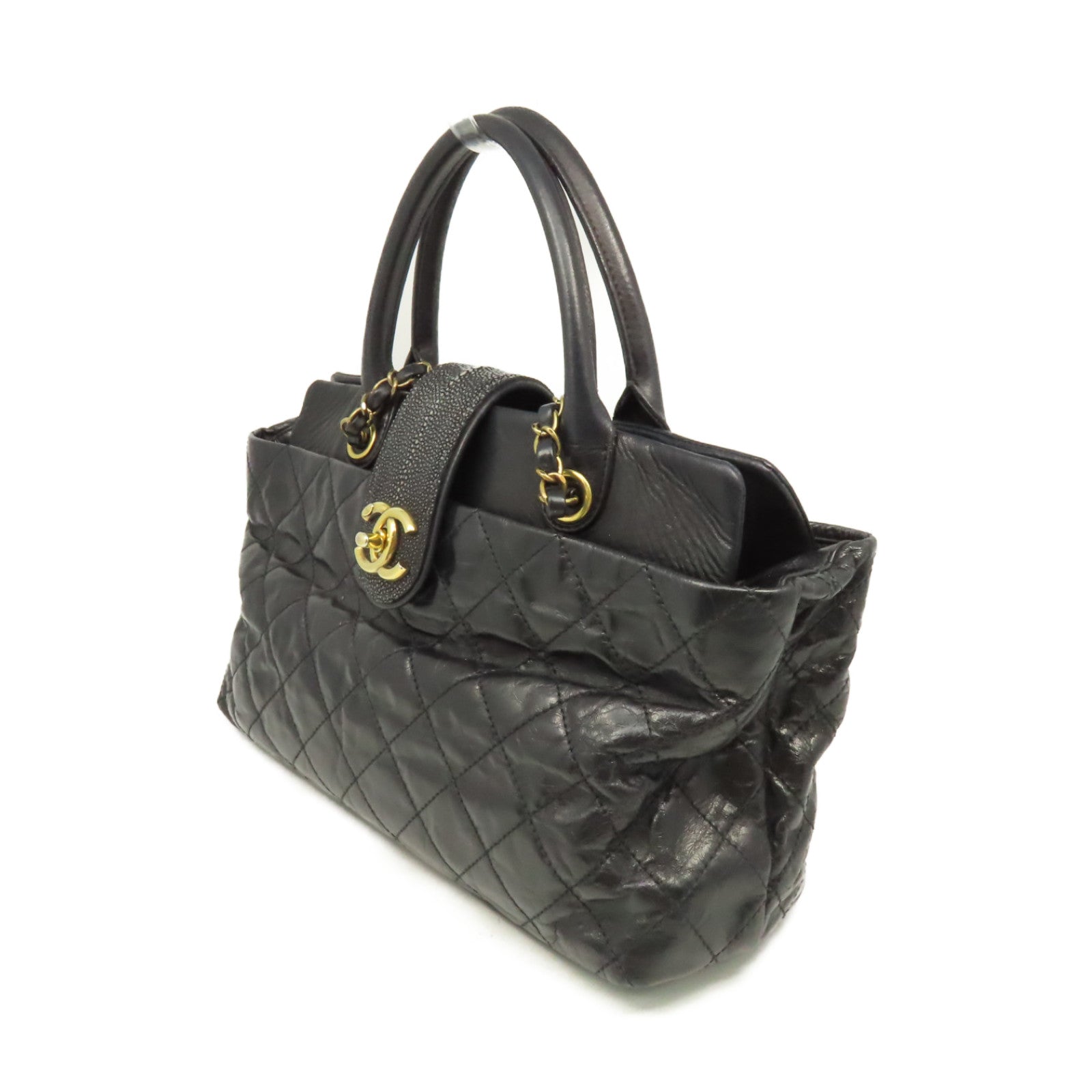CHANEL 【激減優惠】菱格牛皮皮革/魔鬼魚皮革Chain 2Way Shoulder Bag金扣鏈帶手挽肩背兩用袋黑色
