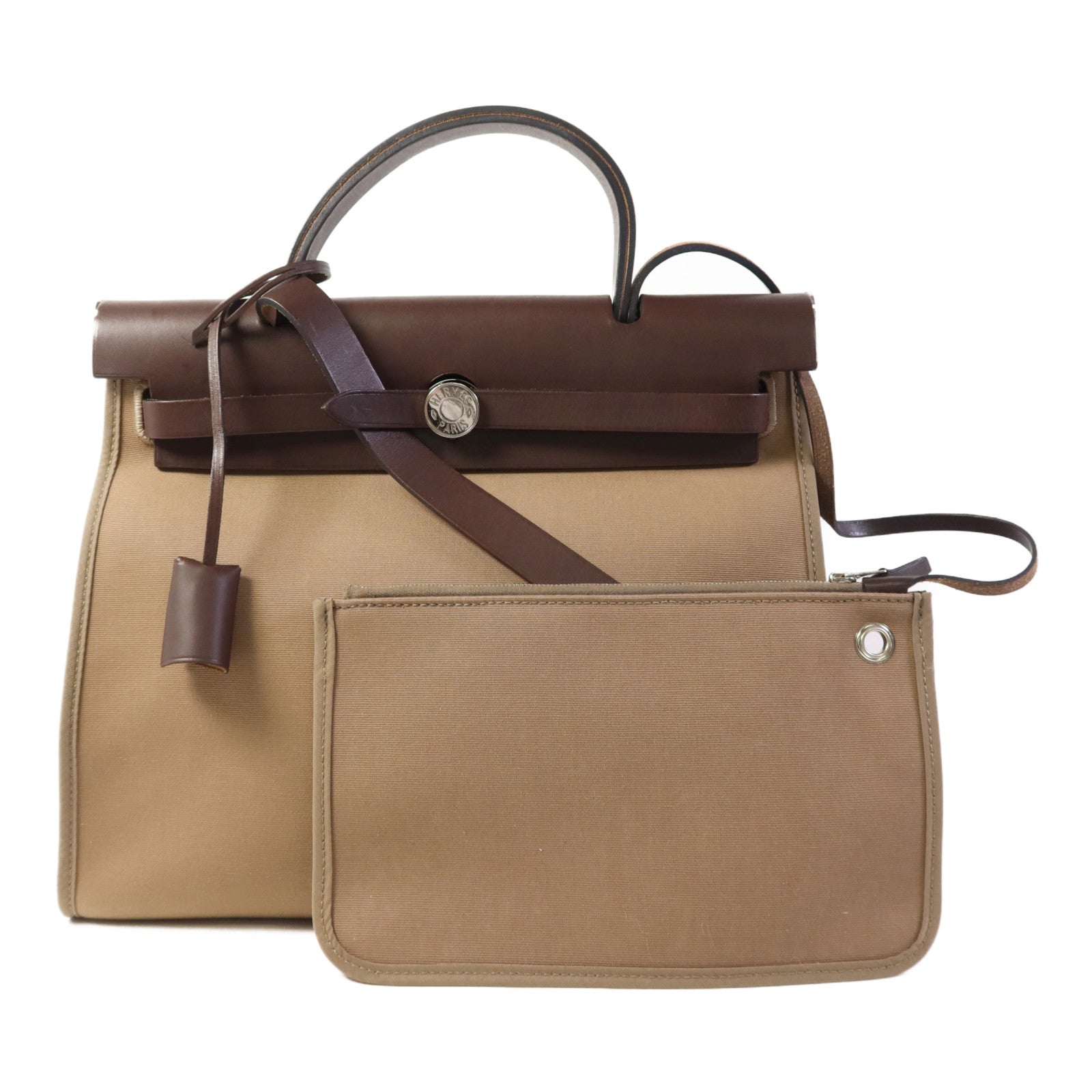 HERMES 帆布Herbag PM銀扣手挽肩背兩用袋Etoupe