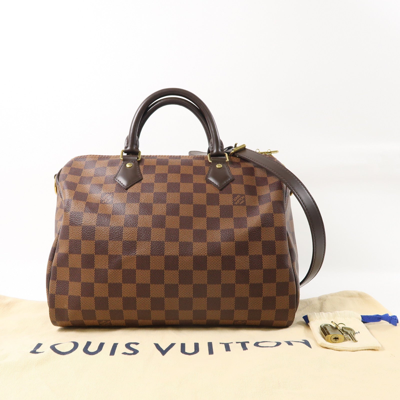 LOUIS VUITTON Damier Speedy Bandouliere 30金扣手挽肩背兩用袋棕色