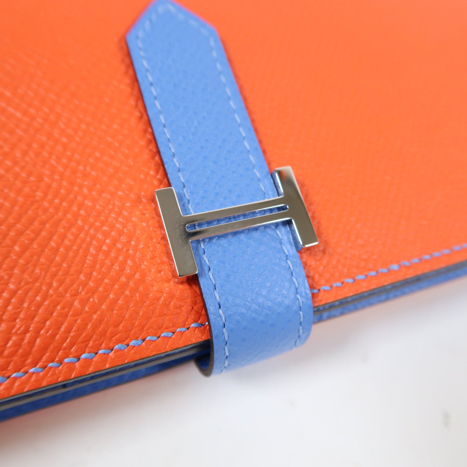 HERMES 【激減優惠】Epsom皮革Bearn Wallet銀扣長錢包深橙色/天堂藍色