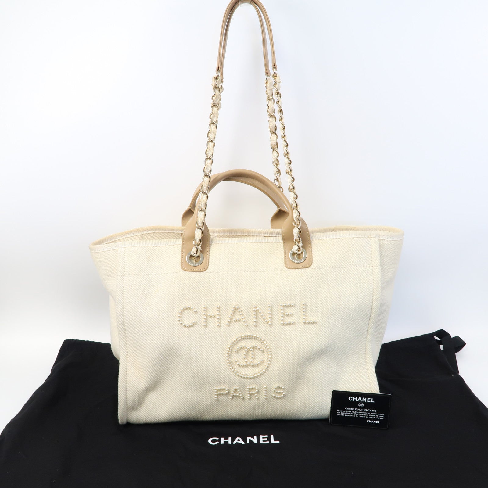 CHANEL 帆布Deauville Tote金扣手挽肩背兩用袋米色