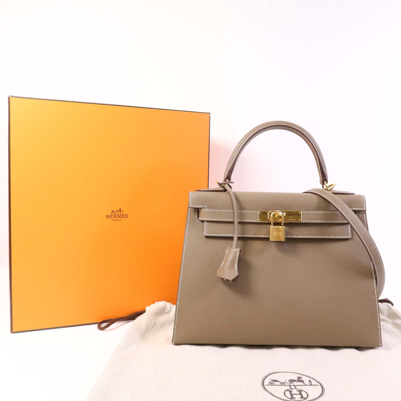 HERMES Epsom皮革Kelly 28 Sellier金扣手挽肩背兩用袋Etoupe