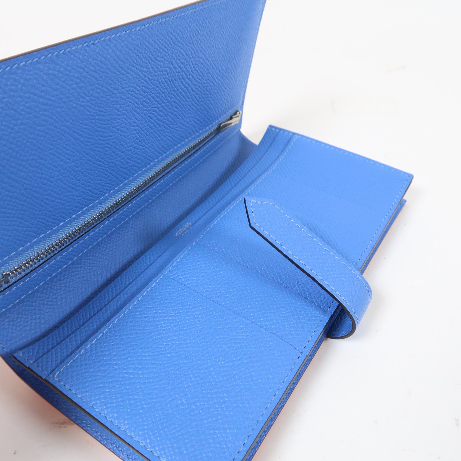 HERMES 【激減優惠】Epsom皮革Bearn Wallet銀扣長錢包深橙色/天堂藍色