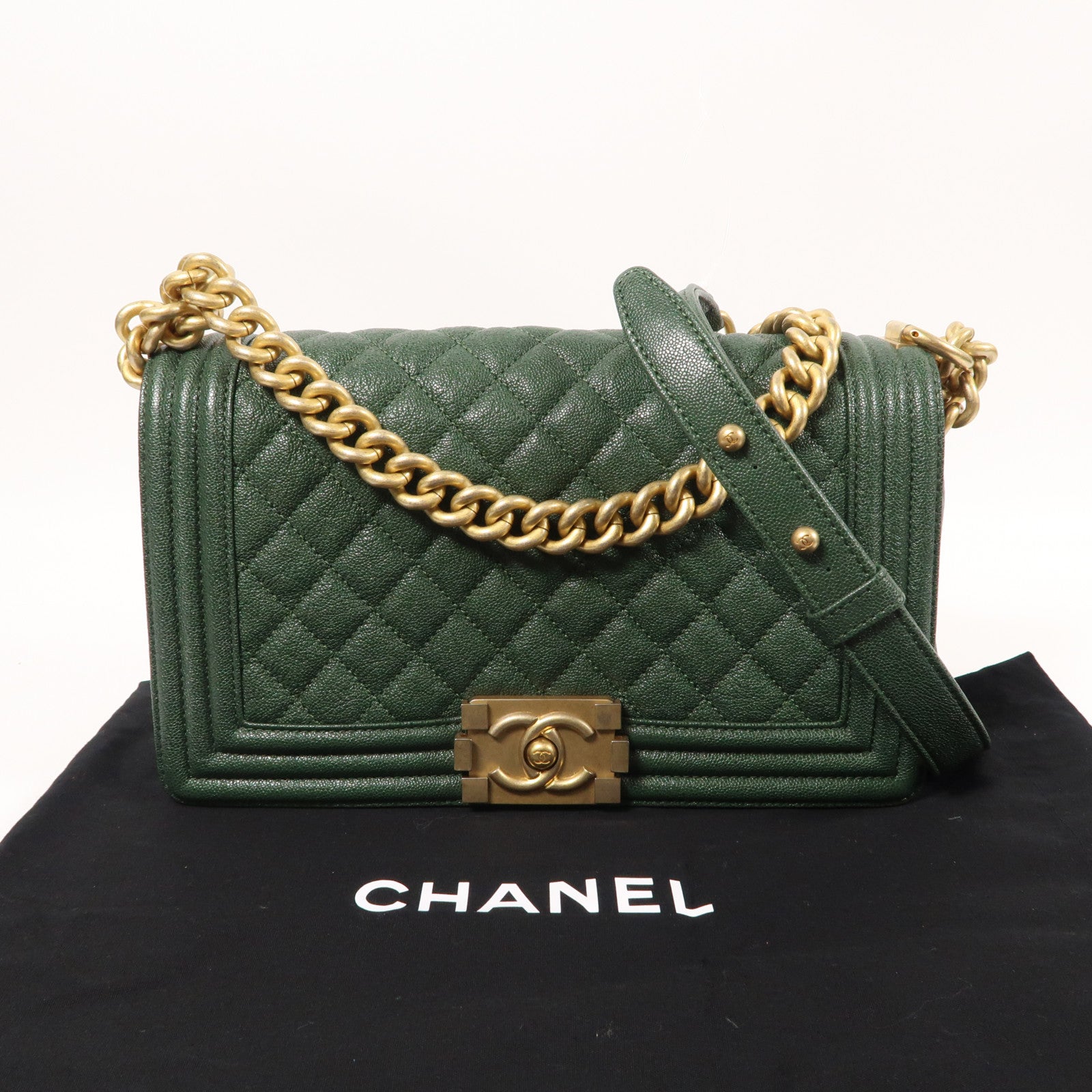 CHANEL 菱格Caviar皮革Boy 25金扣鏈帶肩背袋