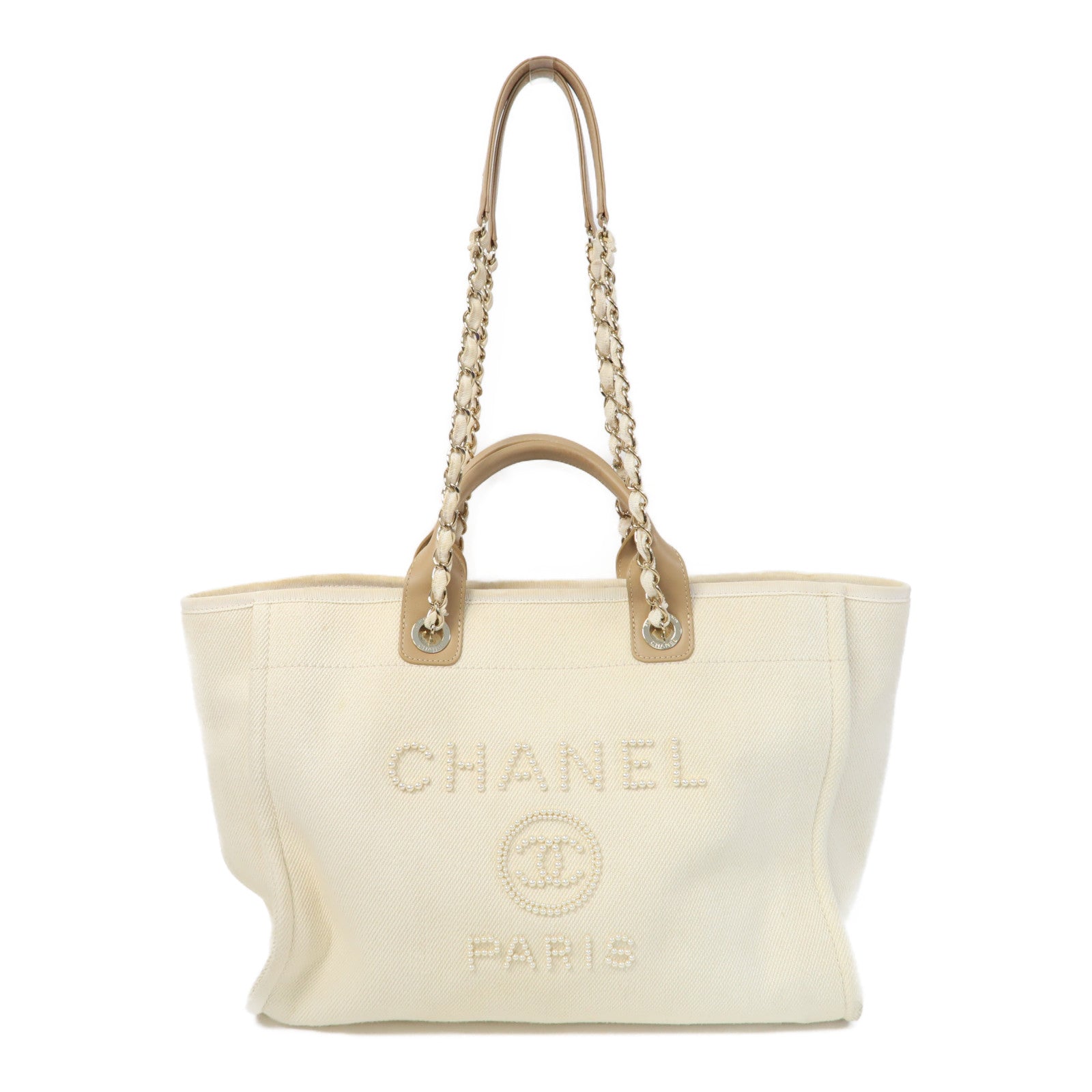 CHANEL 帆布Deauville Tote金扣手挽肩背兩用袋米色