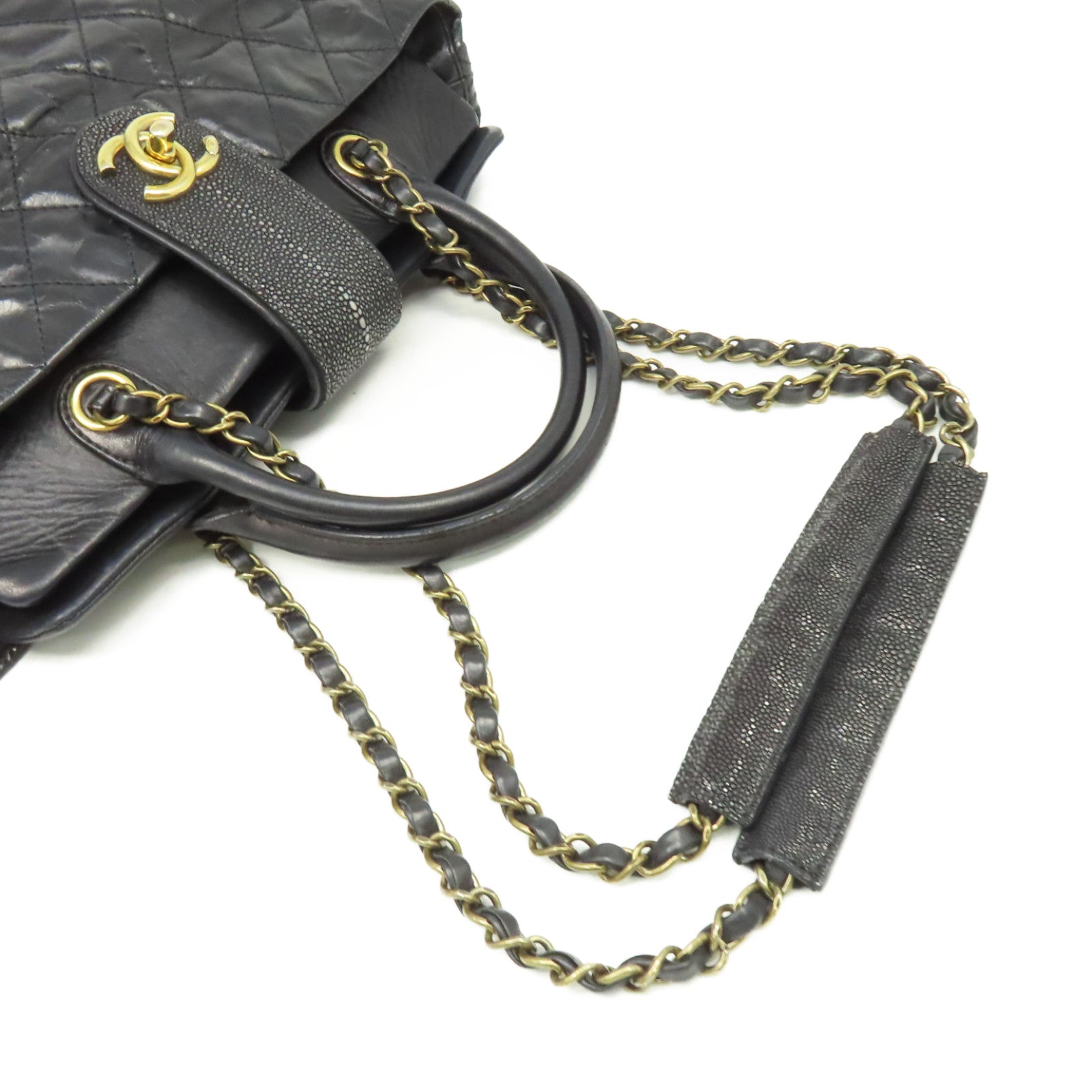 CHANEL 【激減優惠】菱格牛皮皮革/魔鬼魚皮革Chain 2Way Shoulder Bag金扣鏈帶手挽肩背兩用袋黑色