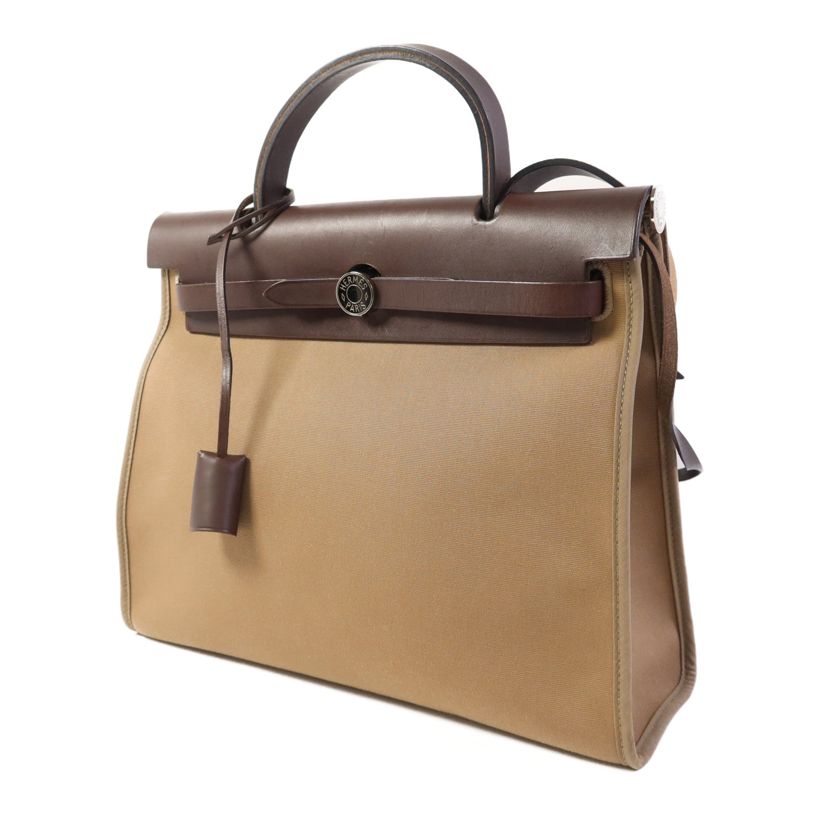 HERMES 帆布Herbag PM銀扣手挽肩背兩用袋Etoupe