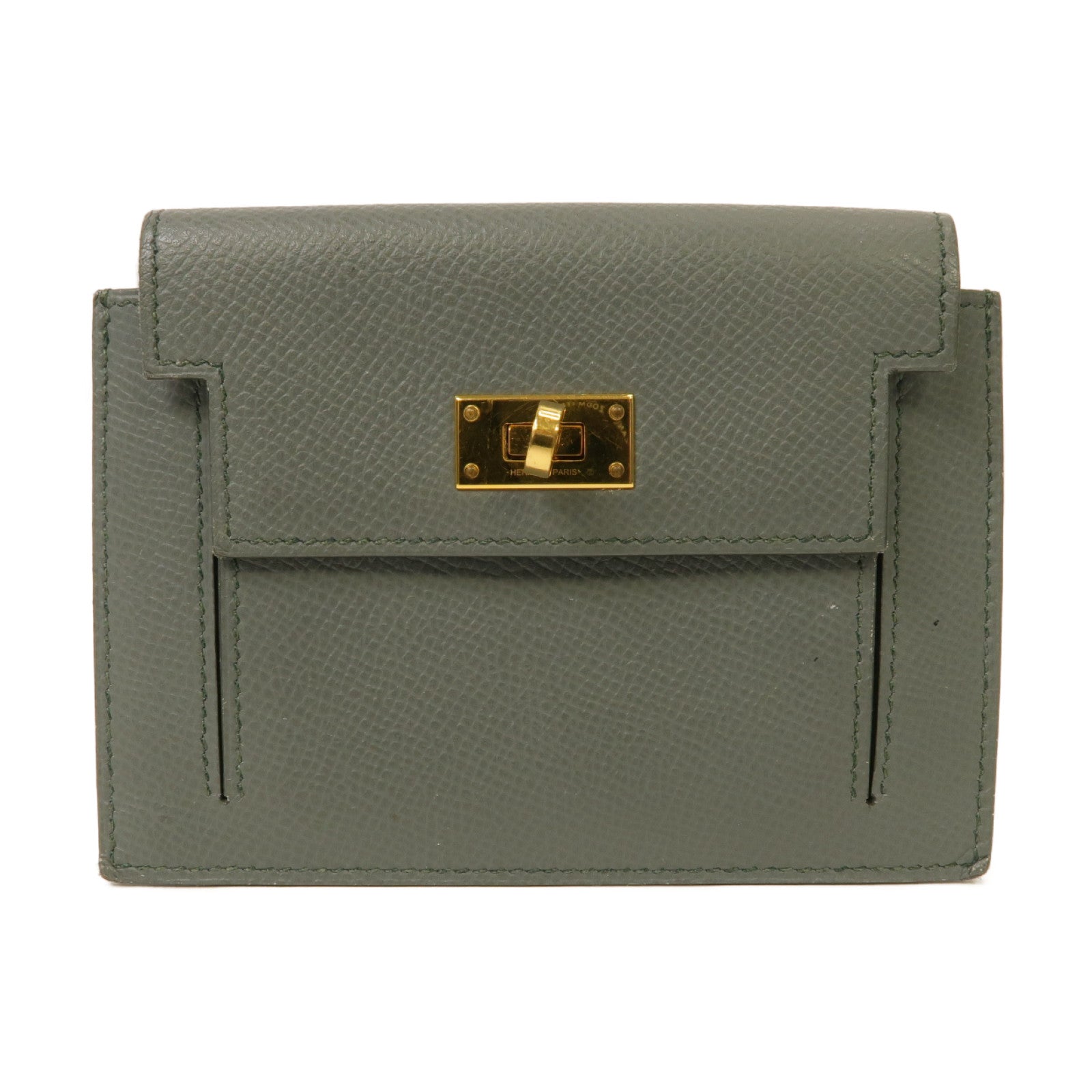 HERMES **【激減優惠】Epsom皮革Kelly Pocket Compact金扣錢包Vert Amande灰色