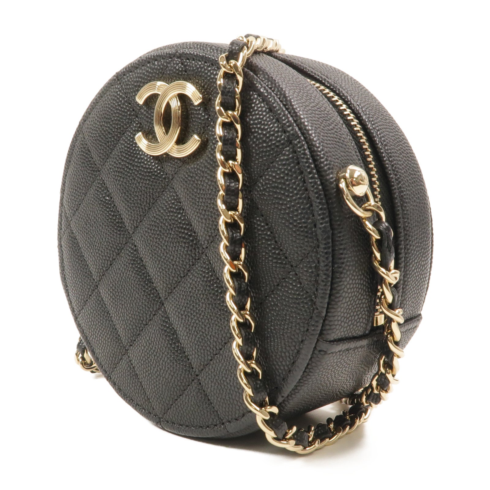 CHANEL 牛皮皮革Round Vanity Case鏈帶肩背袋