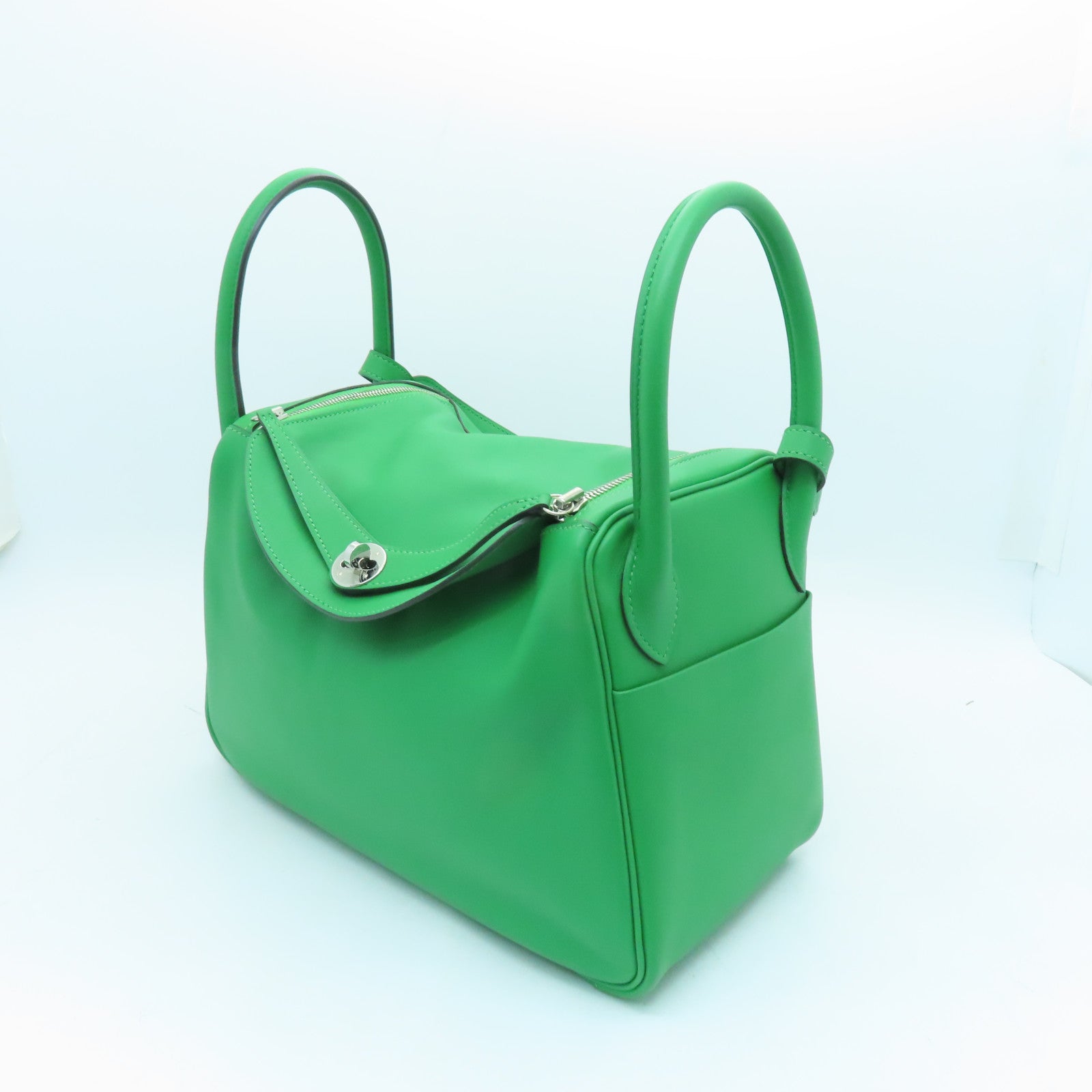 HERMES Veau Swift Leather Lindy 30 Silver Buckle Handle Shoulder Bag Green