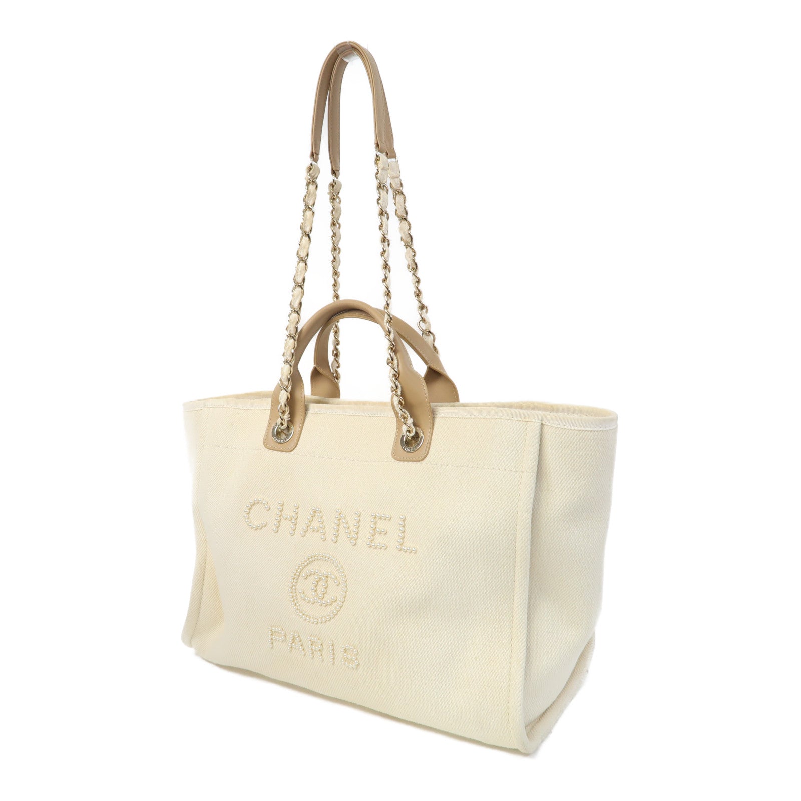 CHANEL 帆布Deauville Tote金扣手挽肩背兩用袋米色