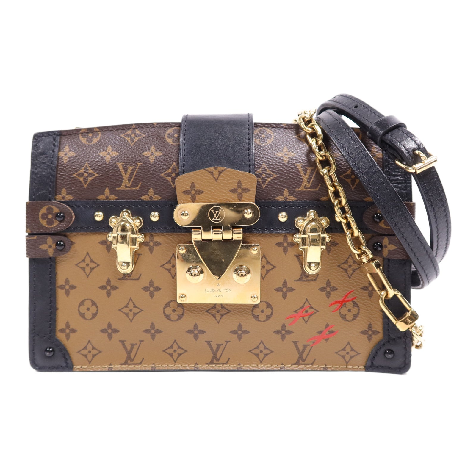 LOUIS VUITTON 【激減優惠】Monogram Reverse Trunk Clutch金扣肩背袋棕色