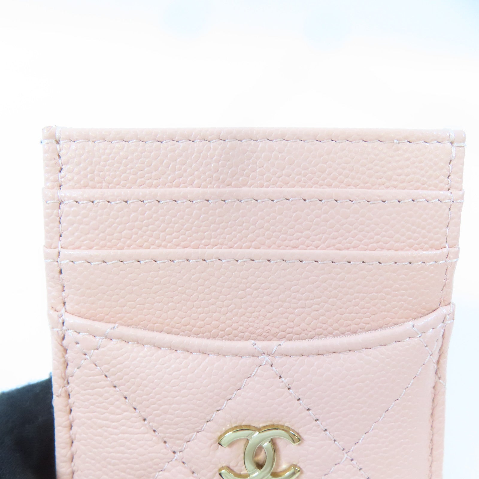 CHANEL Caviar皮革金扣卡片套粉紅色
