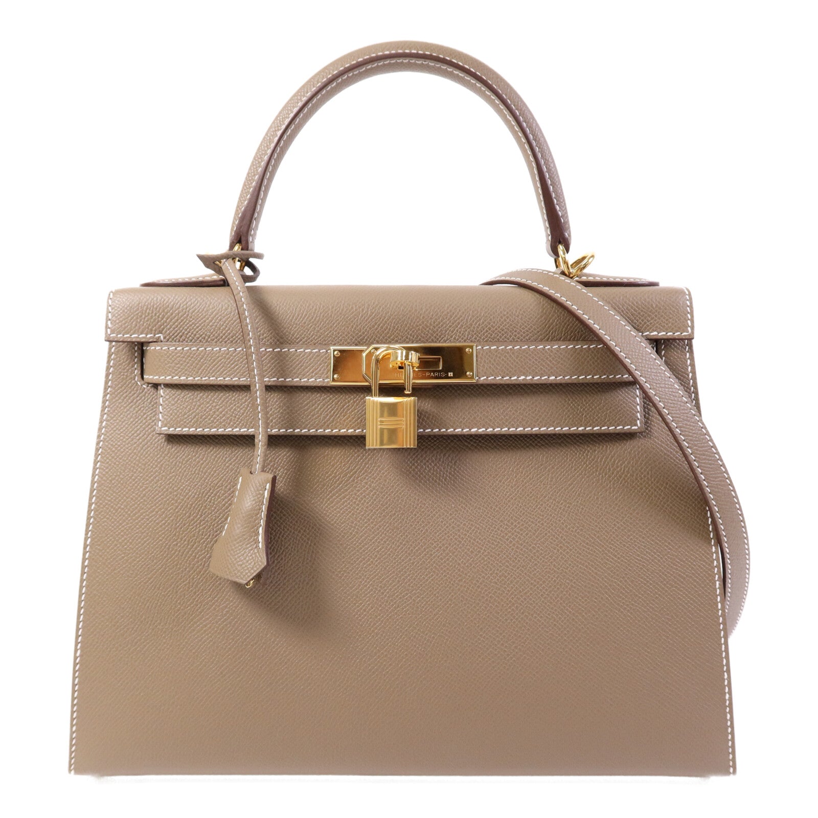 HERMES Epsom皮革Kelly 28 Sellier金扣手挽肩背兩用袋Etoupe