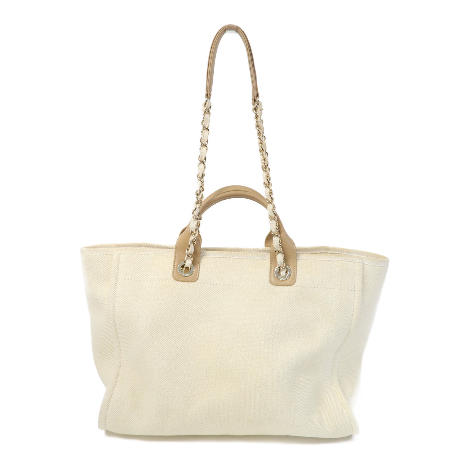 CHANEL 帆布Deauville Tote金扣手挽肩背兩用袋米色