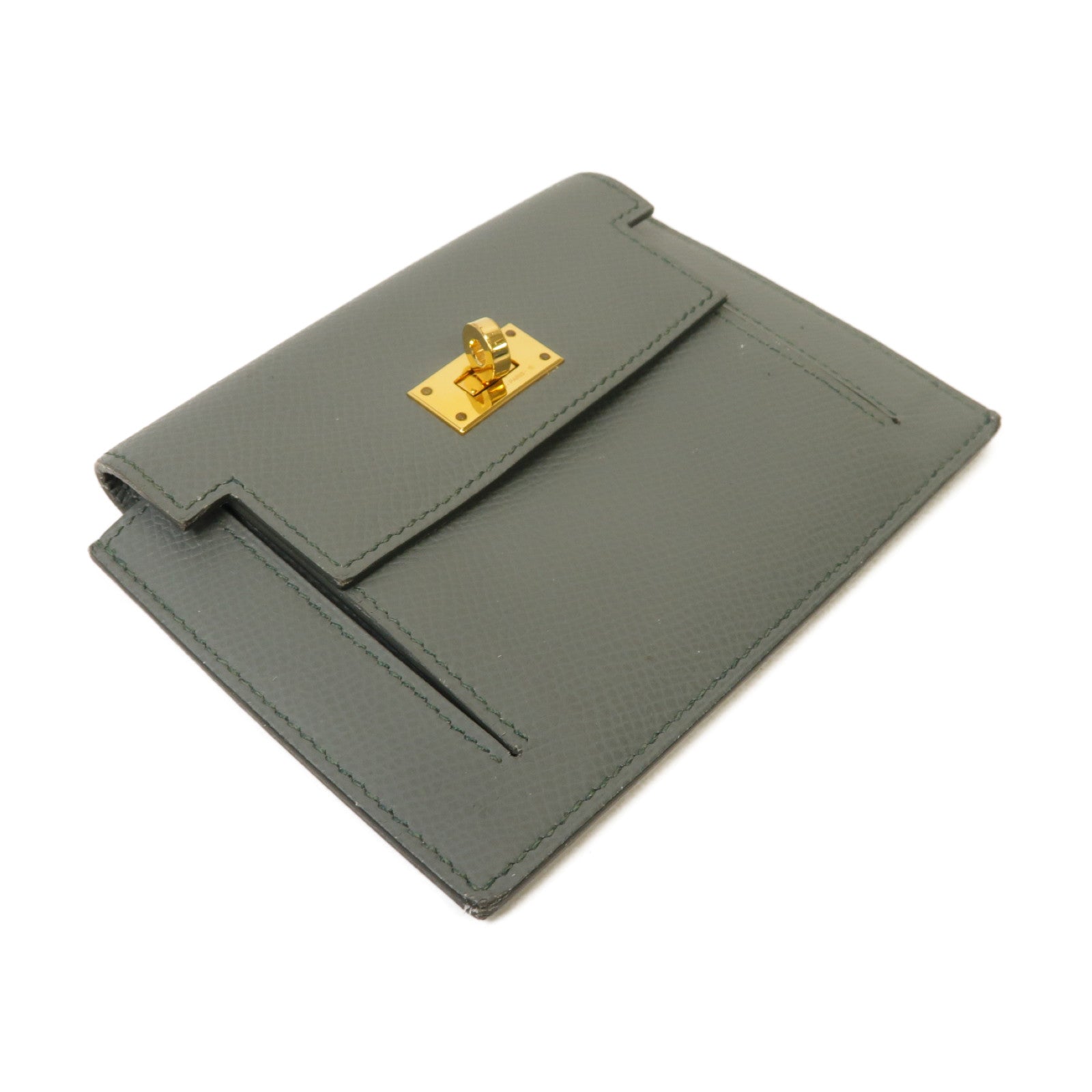 HERMES **【激減優惠】Epsom皮革Kelly Pocket Compact金扣錢包Vert Amande灰色
