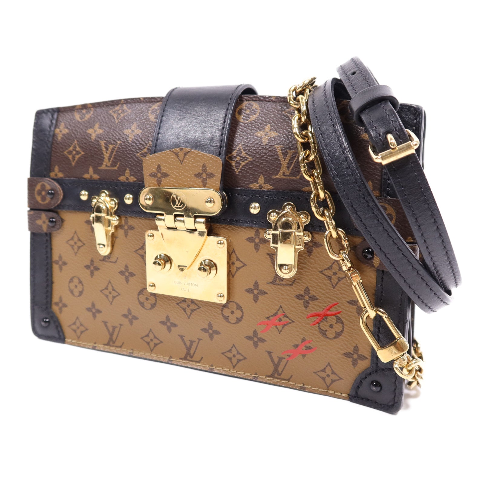 LOUIS VUITTON 【激減優惠】Monogram Reverse Trunk Clutch金扣肩背袋棕色