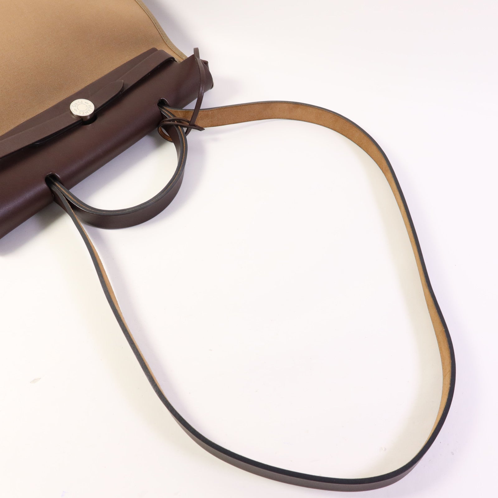 HERMES 帆布Herbag PM銀扣手挽肩背兩用袋Etoupe