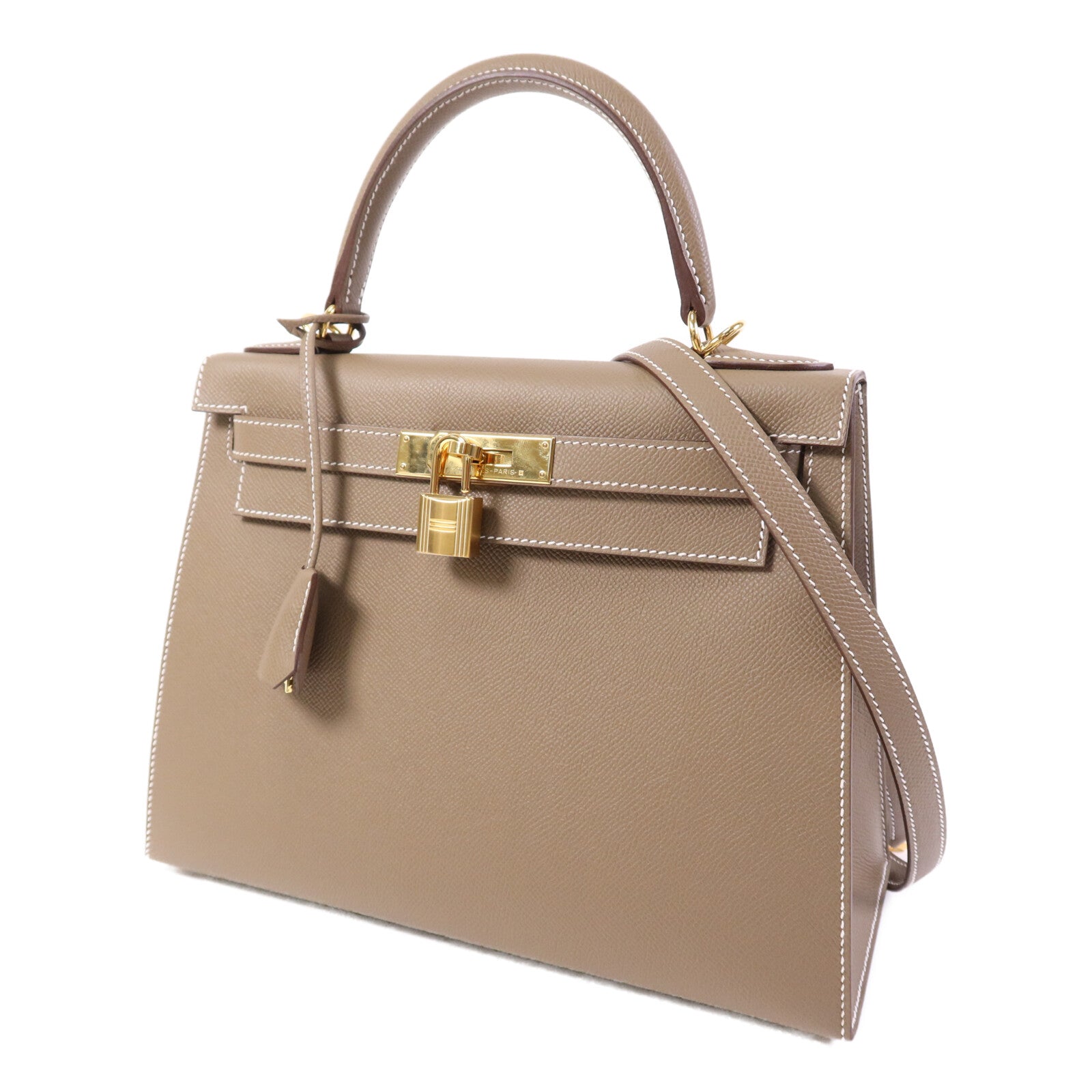 HERMES Epsom皮革Kelly 28 Sellier金扣手挽肩背兩用袋Etoupe